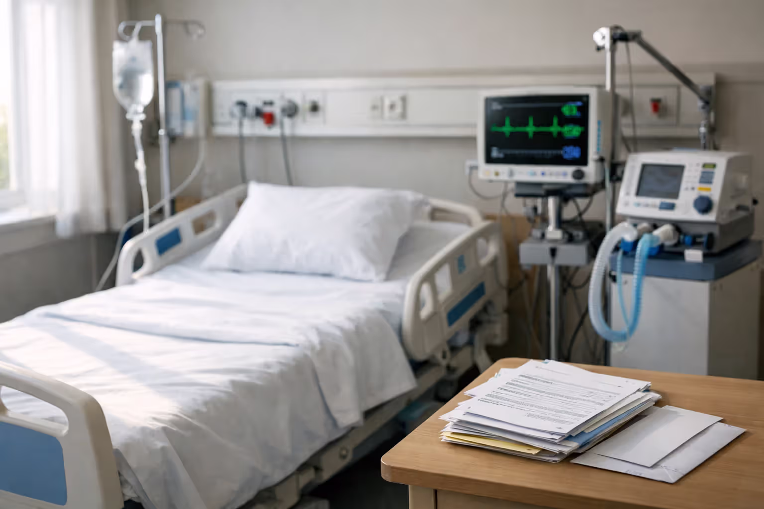 Hospital room with medical equipment IV drip heart monitor and stack of medical bills on bedside table