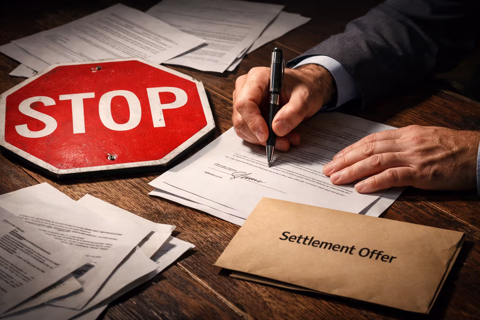 Hands signing a settlement document with a stop sign symbol and paperwork on a desk warning against hasty decisions