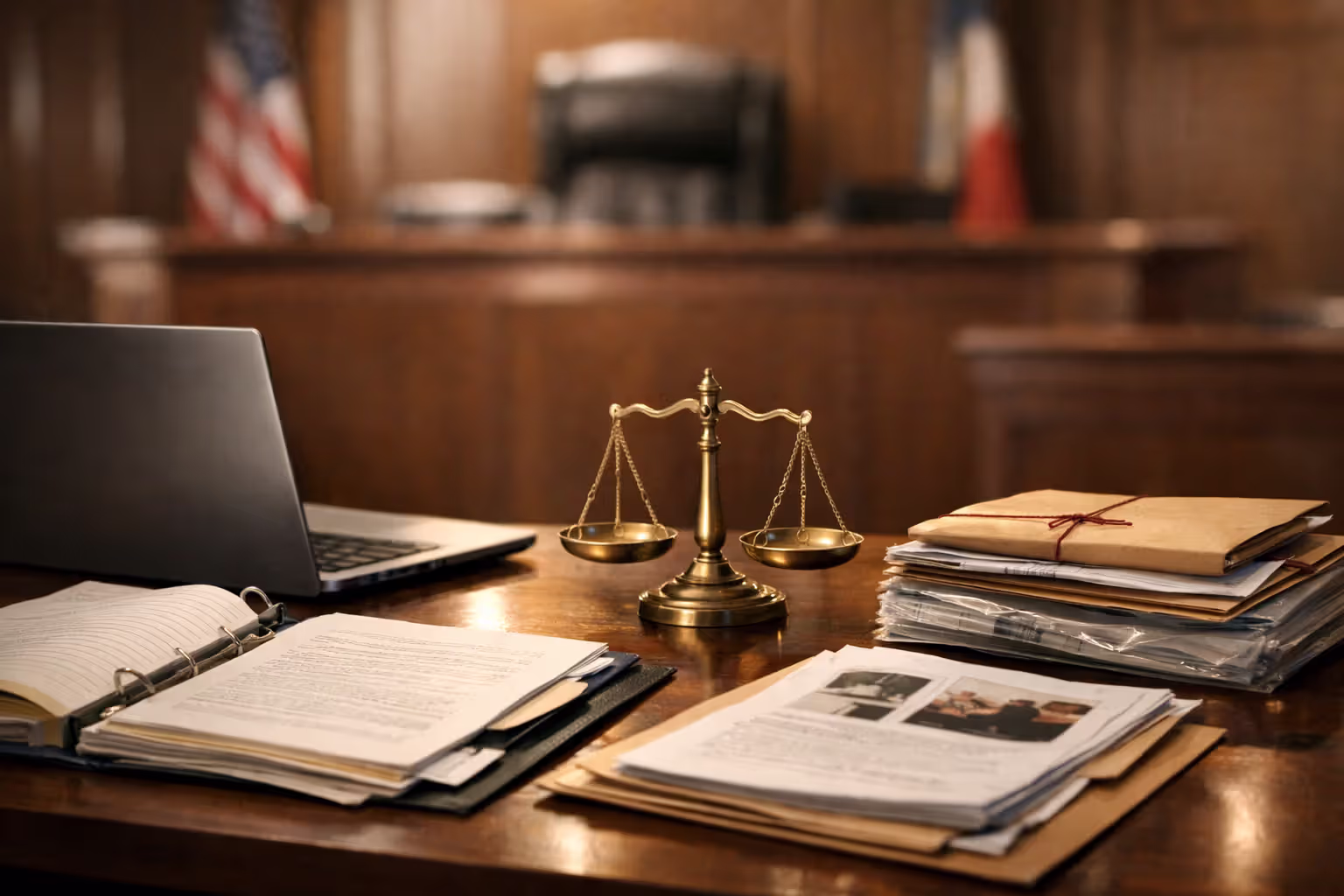Courtroom attorney desk with evidence folders laptop and brass scales of justice with judge bench in background