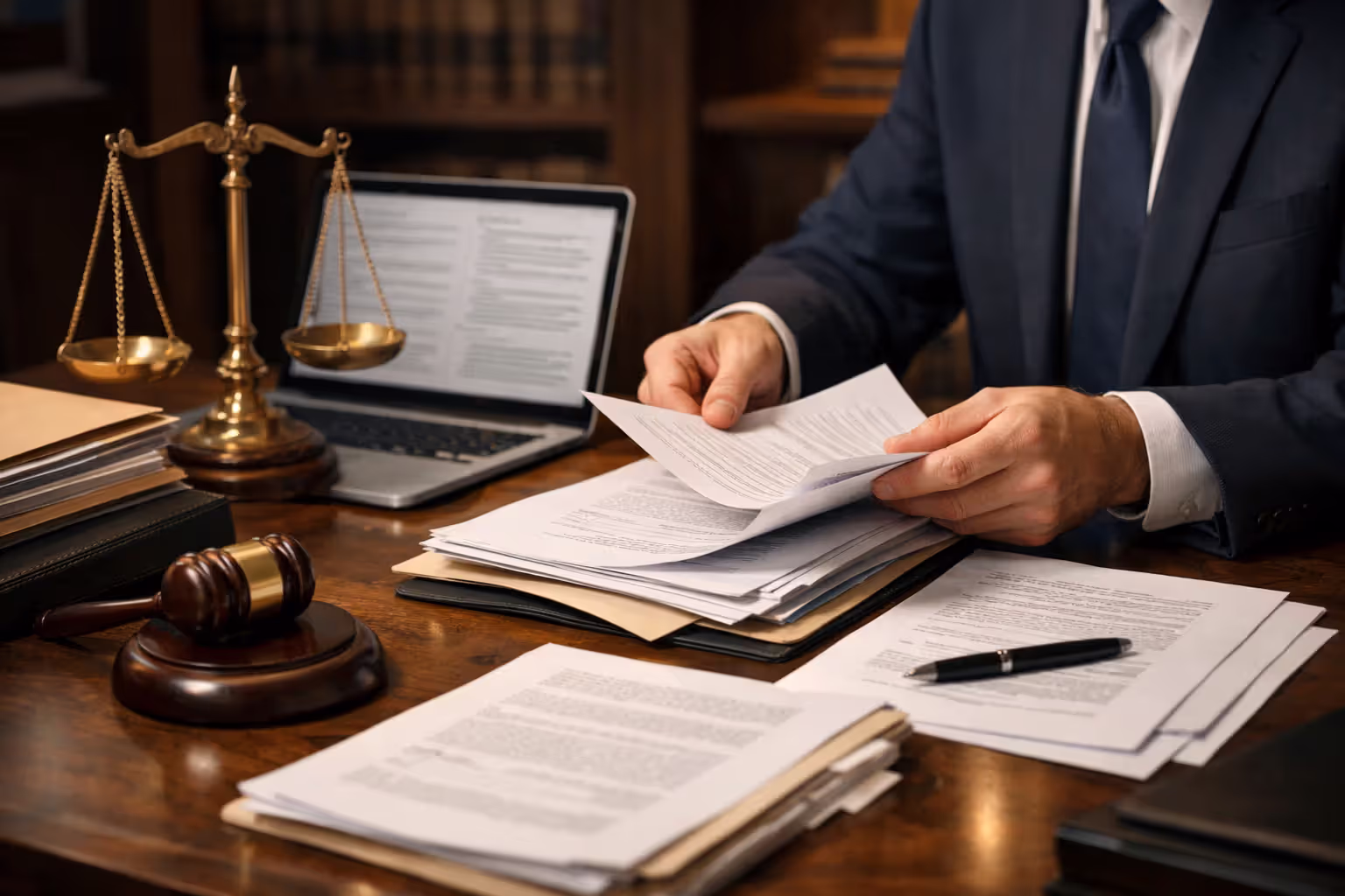 Attorney reviewing truck accident case documents at a law office desk with legal files, laptop, gavel, and scales of justice