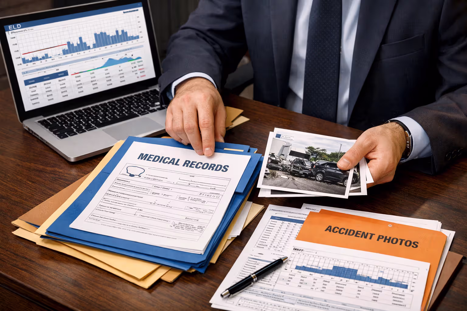Lawyer organizing truck accident evidence documents including medical records, ELD data printouts, and crash photos on office desk