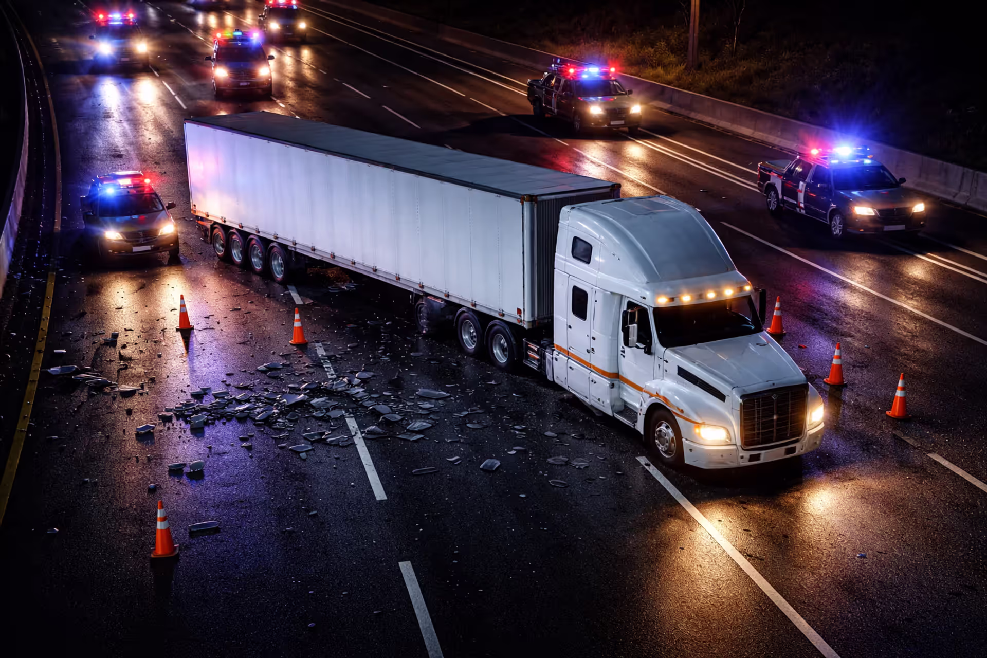 Overturned semi-truck on a highway at night with emergency lights and road debris scattered across lanes