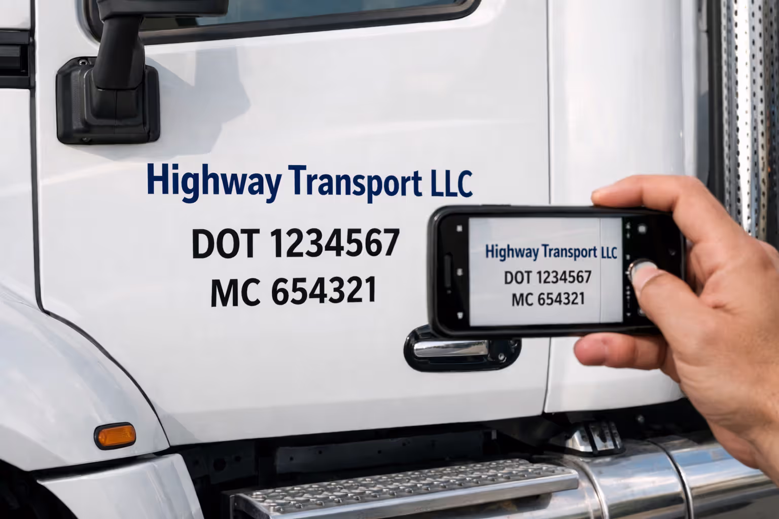 Close-up of a person photographing DOT number and carrier information on the side of a commercial truck cab