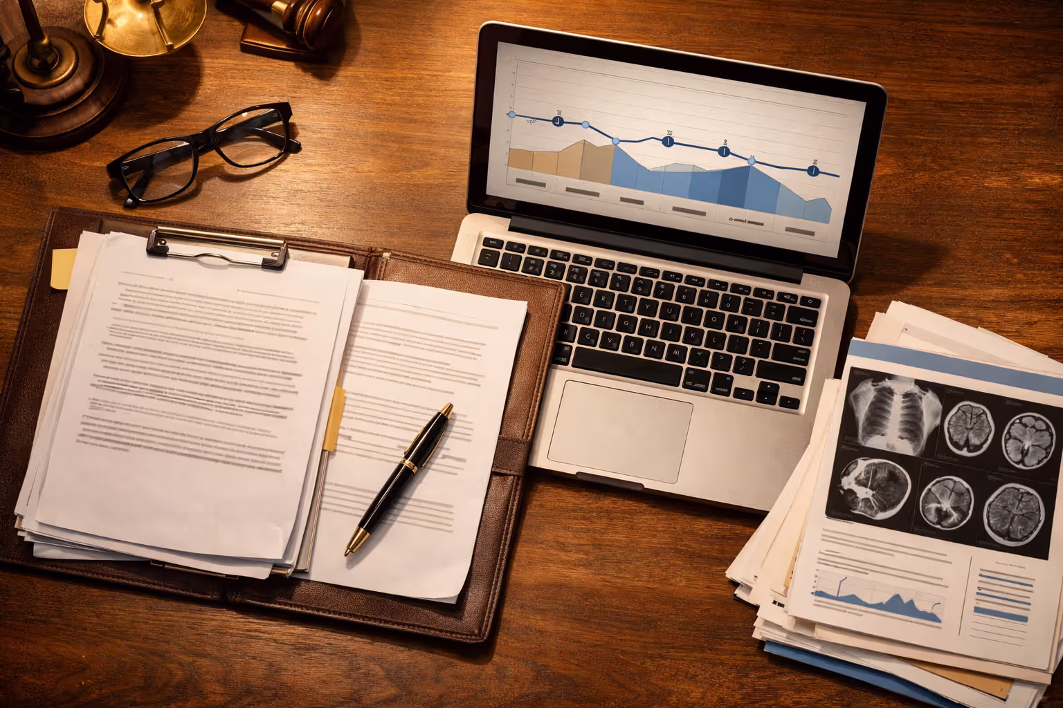 Lawyer desk with case documents, laptop showing timeline chart, and medical reports for a truck accident claim