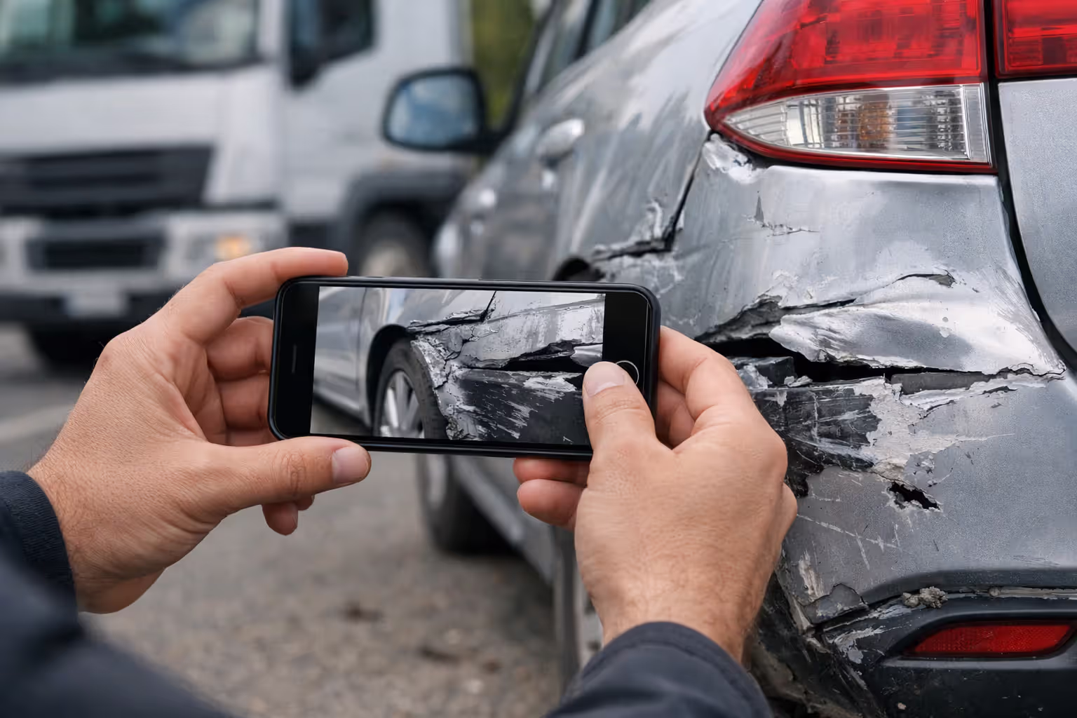 Person using a smartphone to photograph vehicle damage at a truck accident scene for evidence documentation