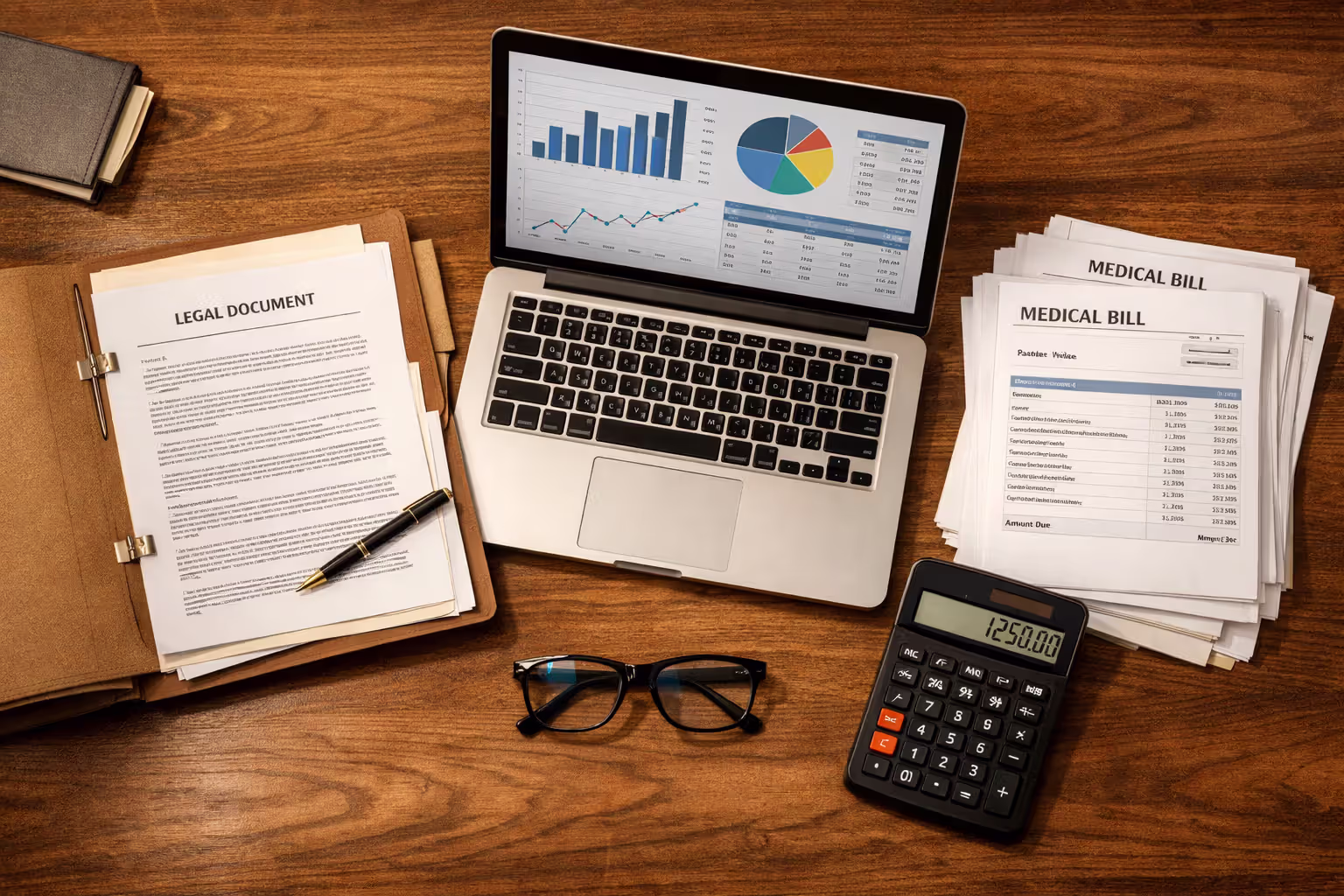 Lawyer desk with legal documents, medical bills, laptop showing financial charts, and calculator representing truck accident compensation analysis