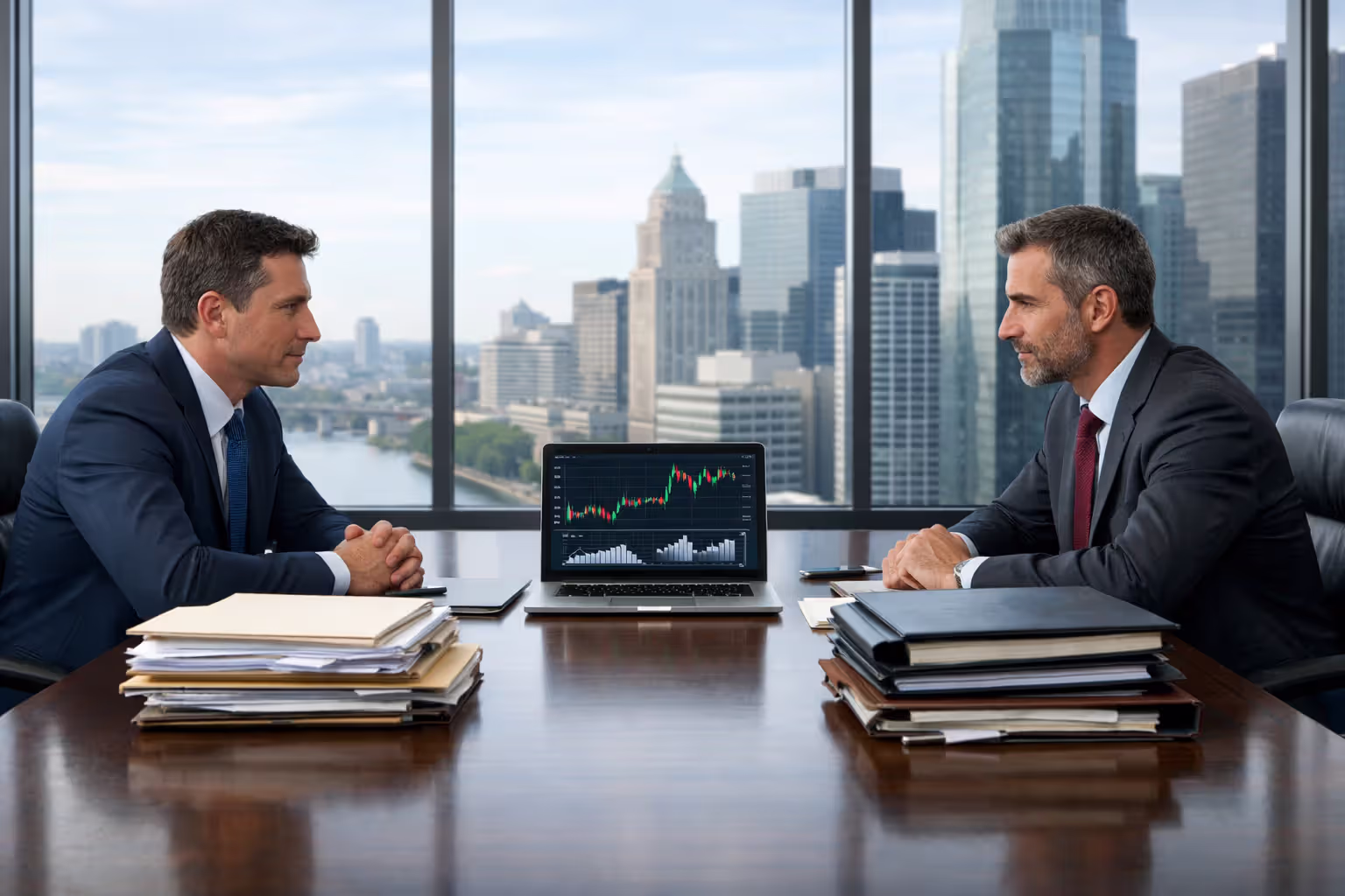Two attorneys sitting across a conference table with stacks of legal documents during a deposition in a modern office
