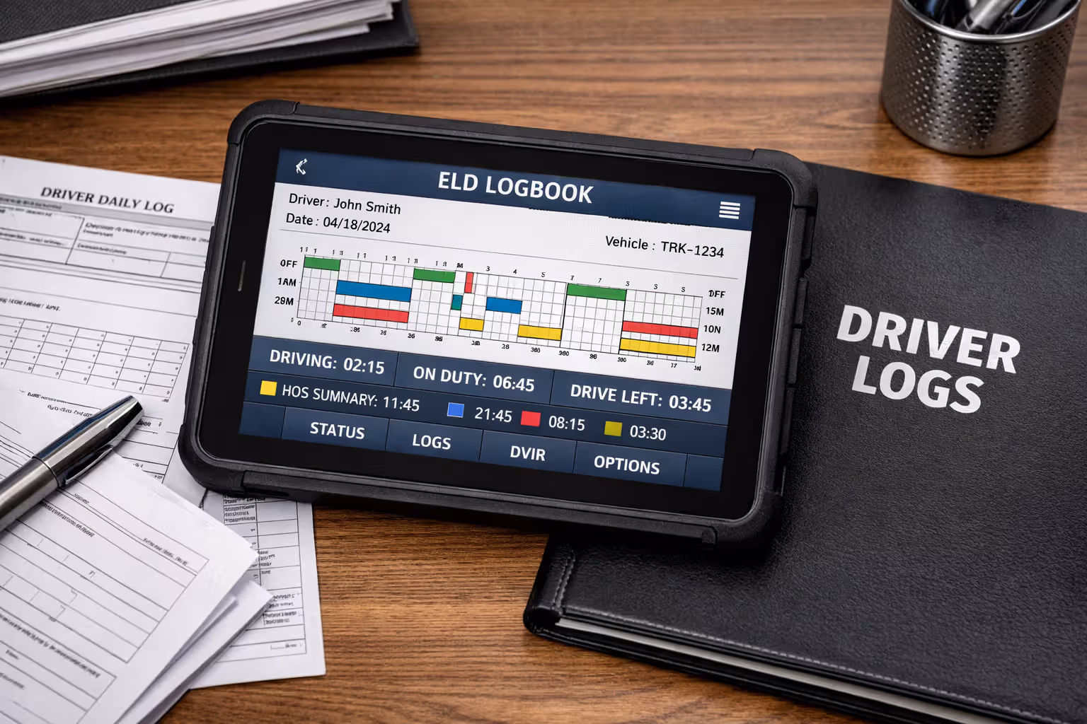 Close-up of an electronic logging device tablet showing driver hours-of-service records on an office desk with documents