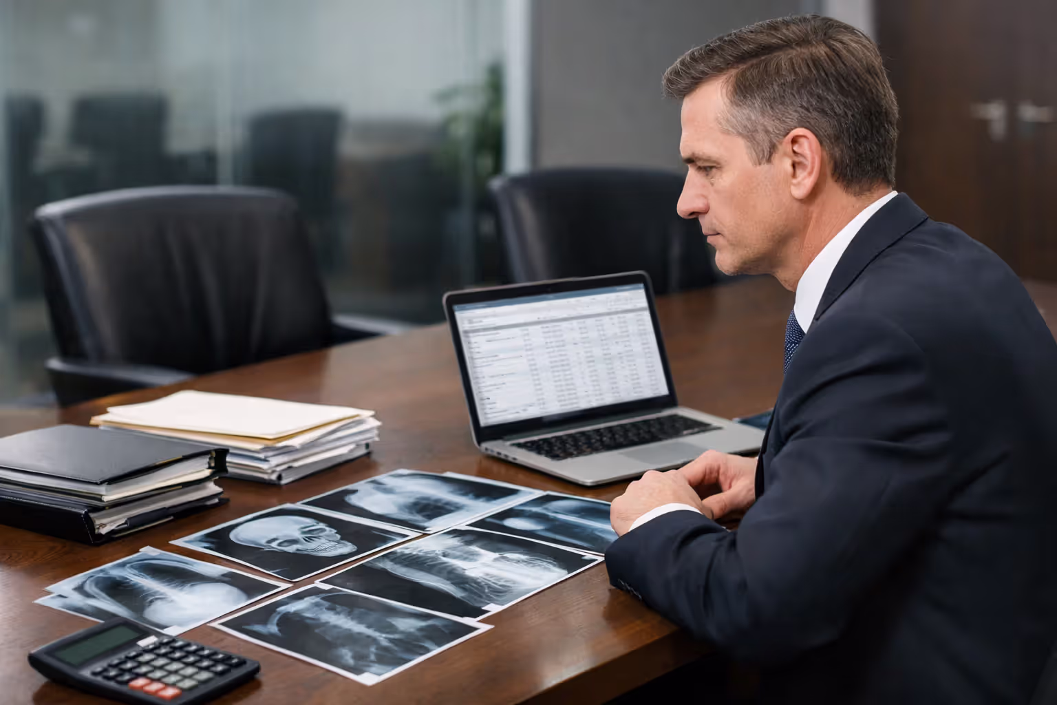 Attorney reviewing medical imaging records and financial damage calculations at a conference table with documents and laptop