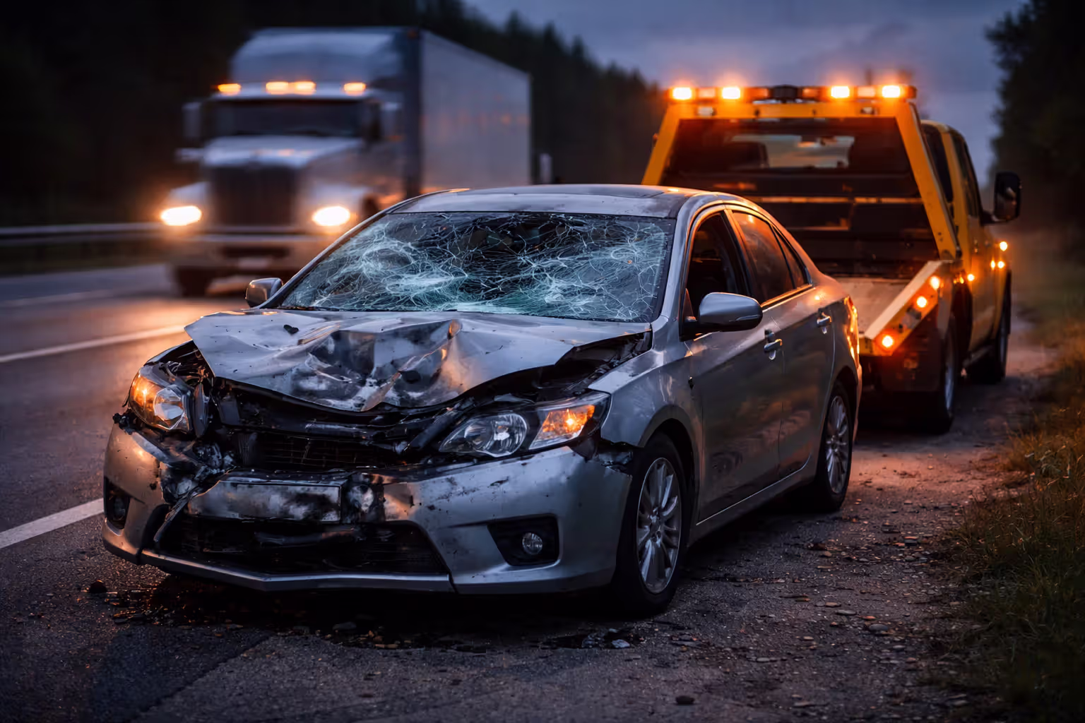 Severely damaged passenger car on a highway shoulder after a collision with a commercial truck with tow truck nearby