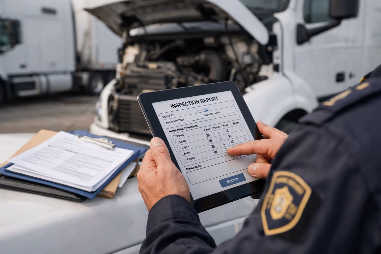 FMCSA inspector reviewing compliance documents on a tablet near a parked commercial truck during a roadside inspection