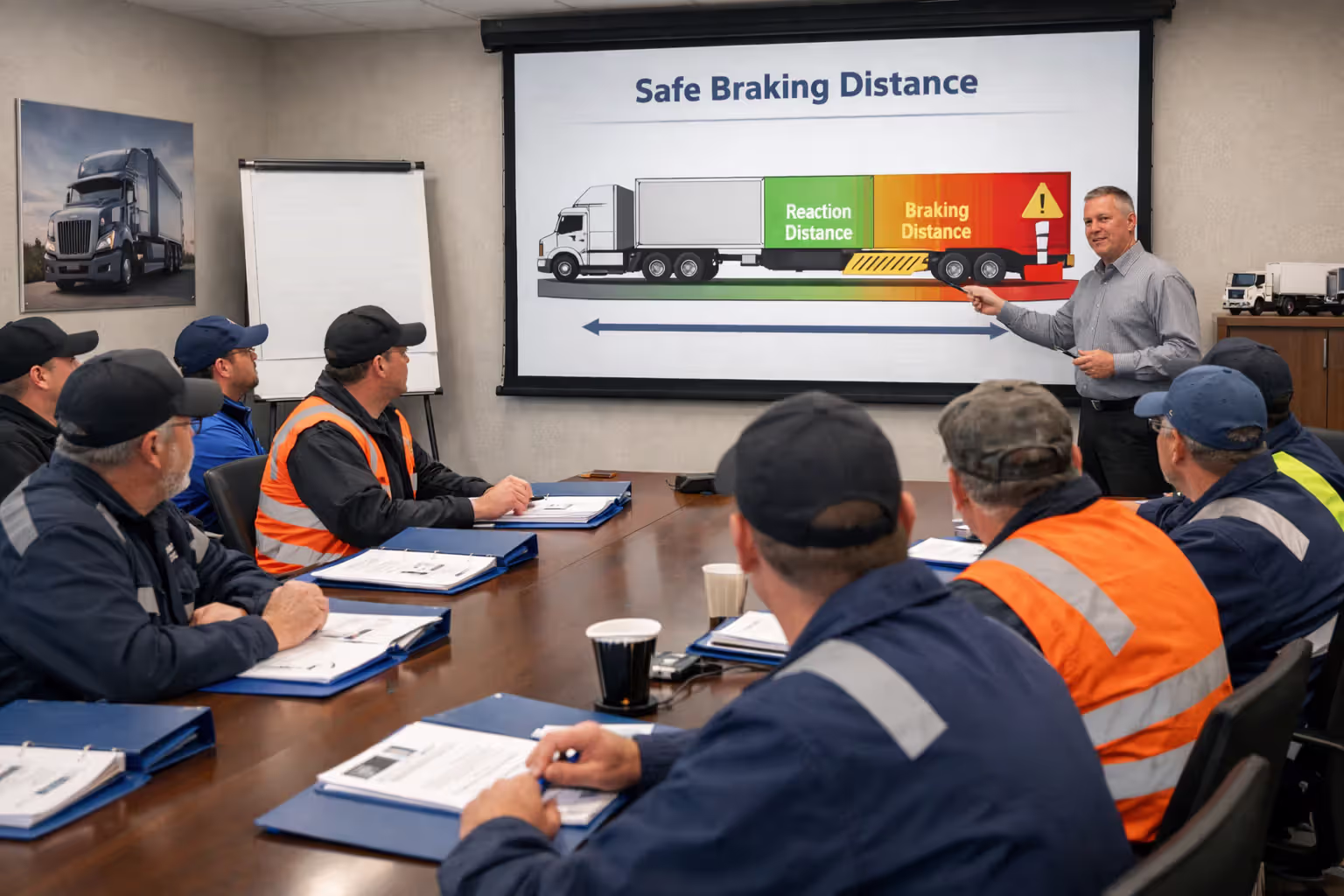 Truck driver safety training session in a corporate conference room with an instructor presenting braking procedures