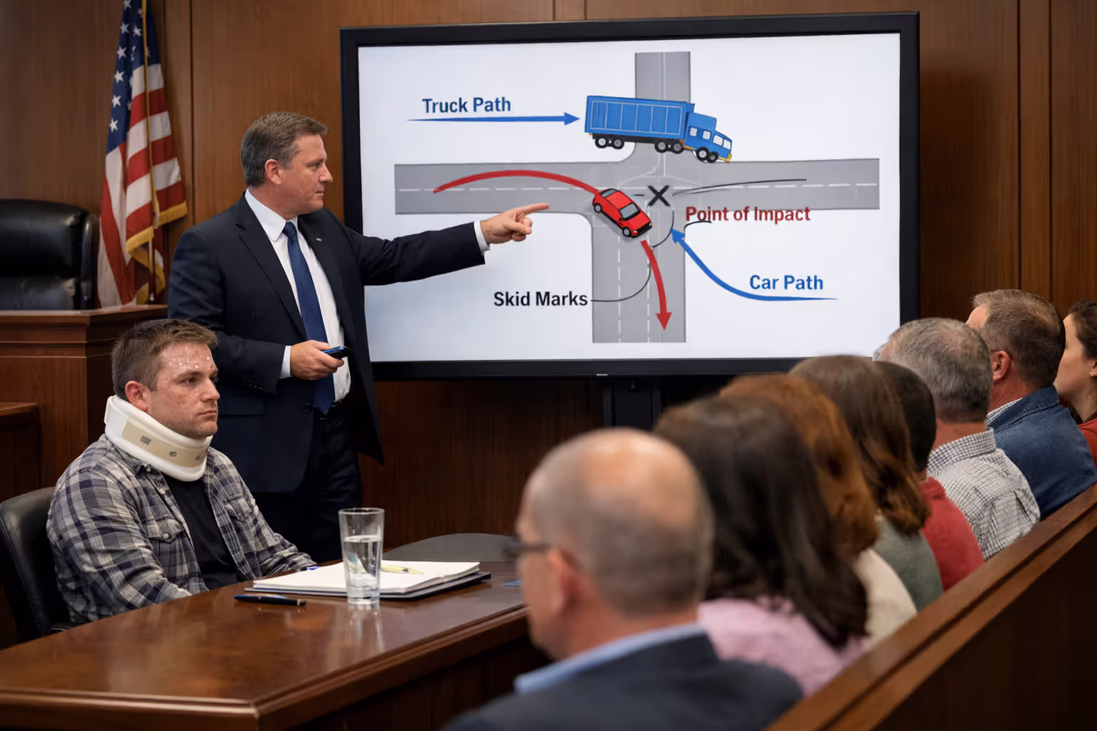 Attorney presenting truck accident reconstruction diagram to a jury in a courtroom during a trucking liability trial