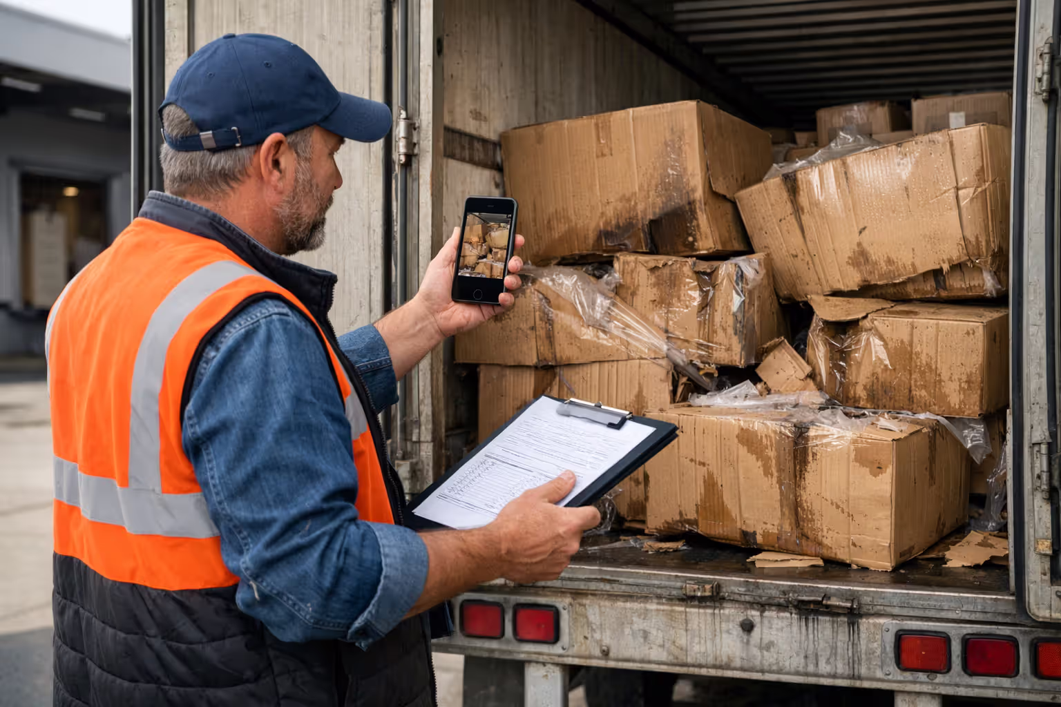 Truck driver photographing damaged cargo boxes inside trailer while holding delivery paperwork at warehouse loading dock
