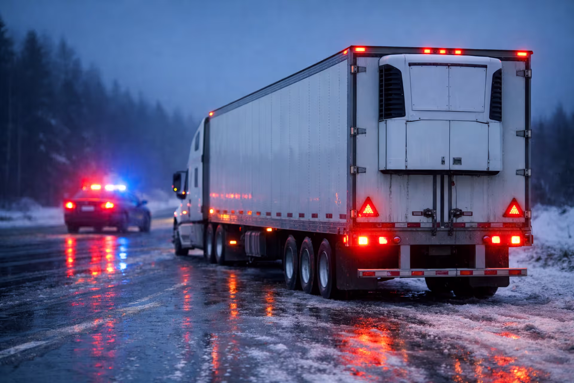Refrigerated semi-truck stopped on icy highway shoulder at dusk with emergency lights flashing