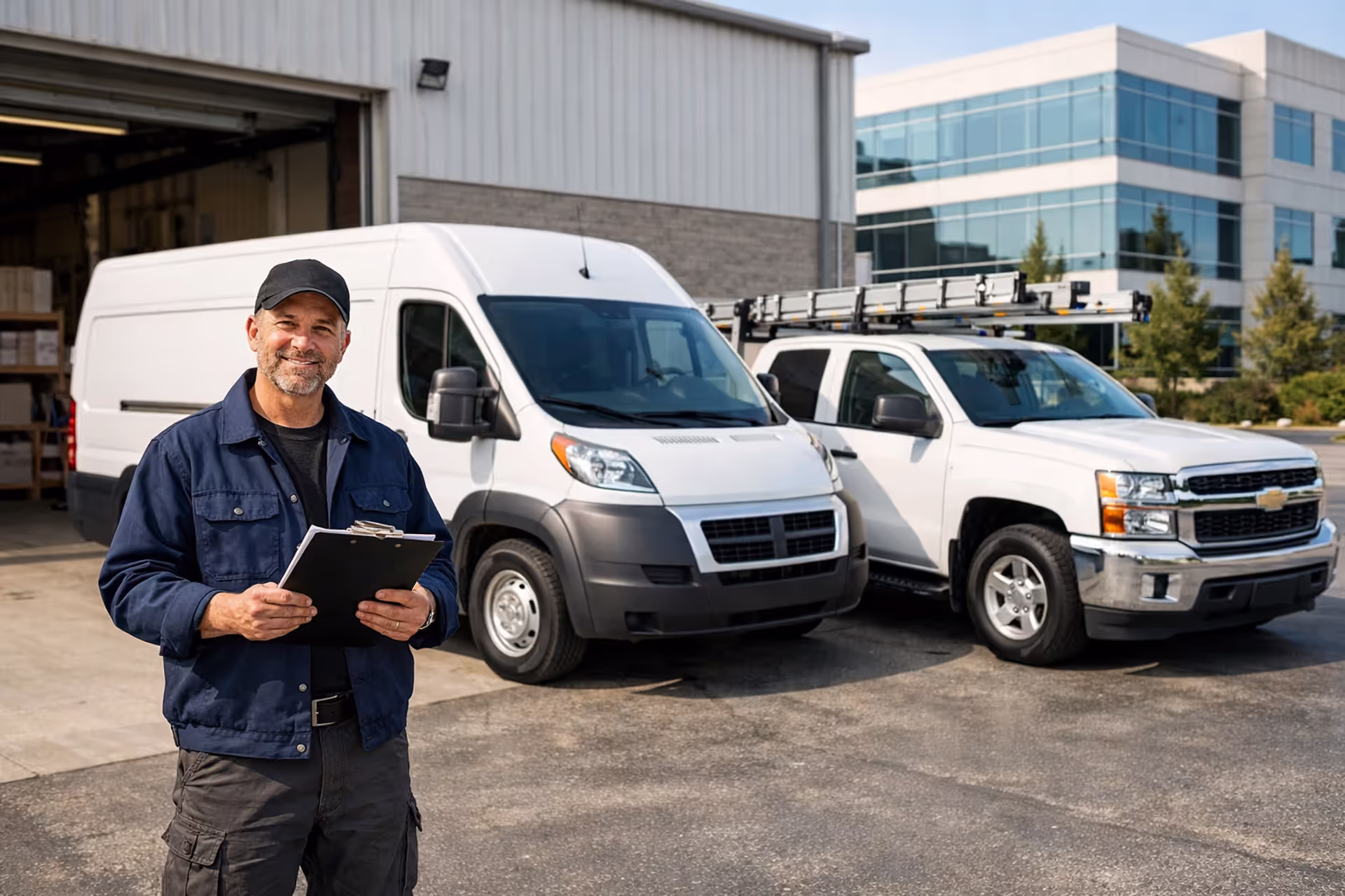 Commercial work van and pickup truck with ladder rack parked outside a warehouse while a business owner reviews insurance documents