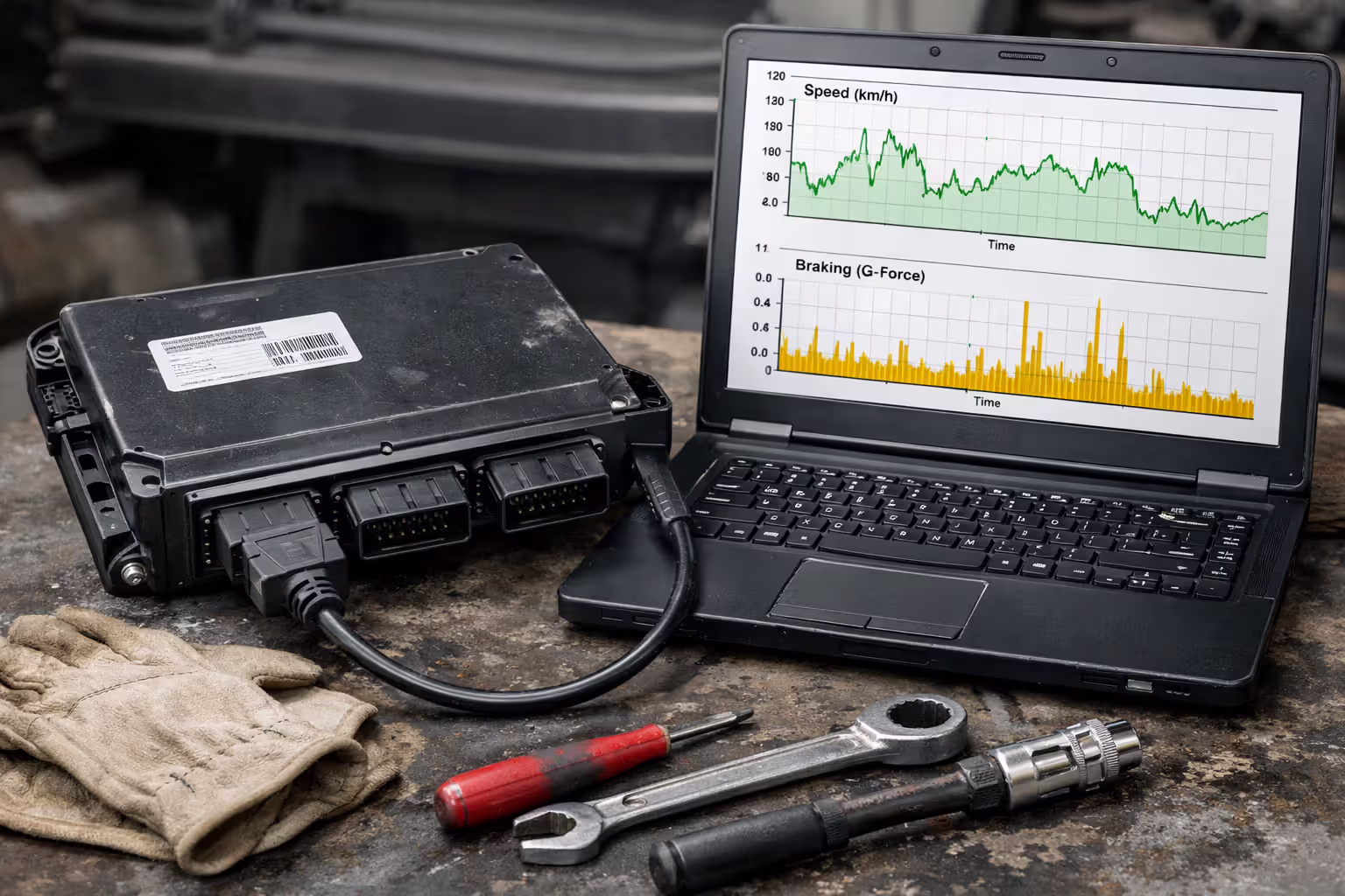 Close-up of a truck electronic control module (black box) connected to a diagnostic laptop displaying speed and braking data graphs