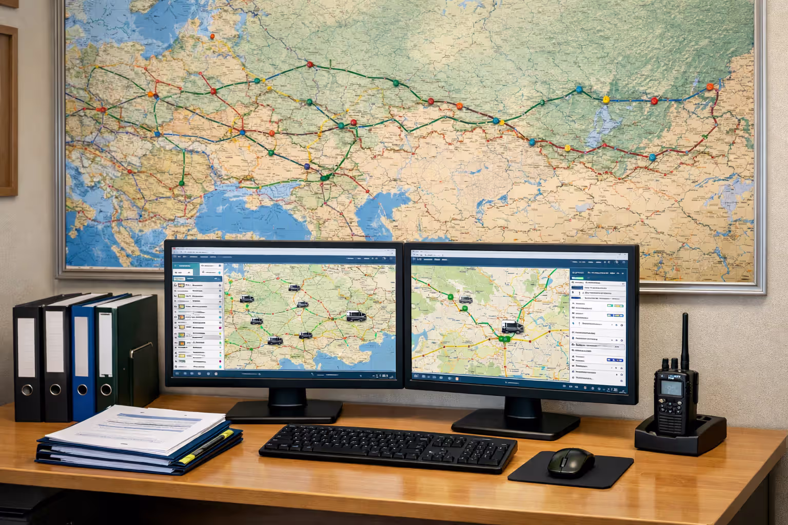 Trucking company dispatch office with route map monitors and GPS fleet tracking system