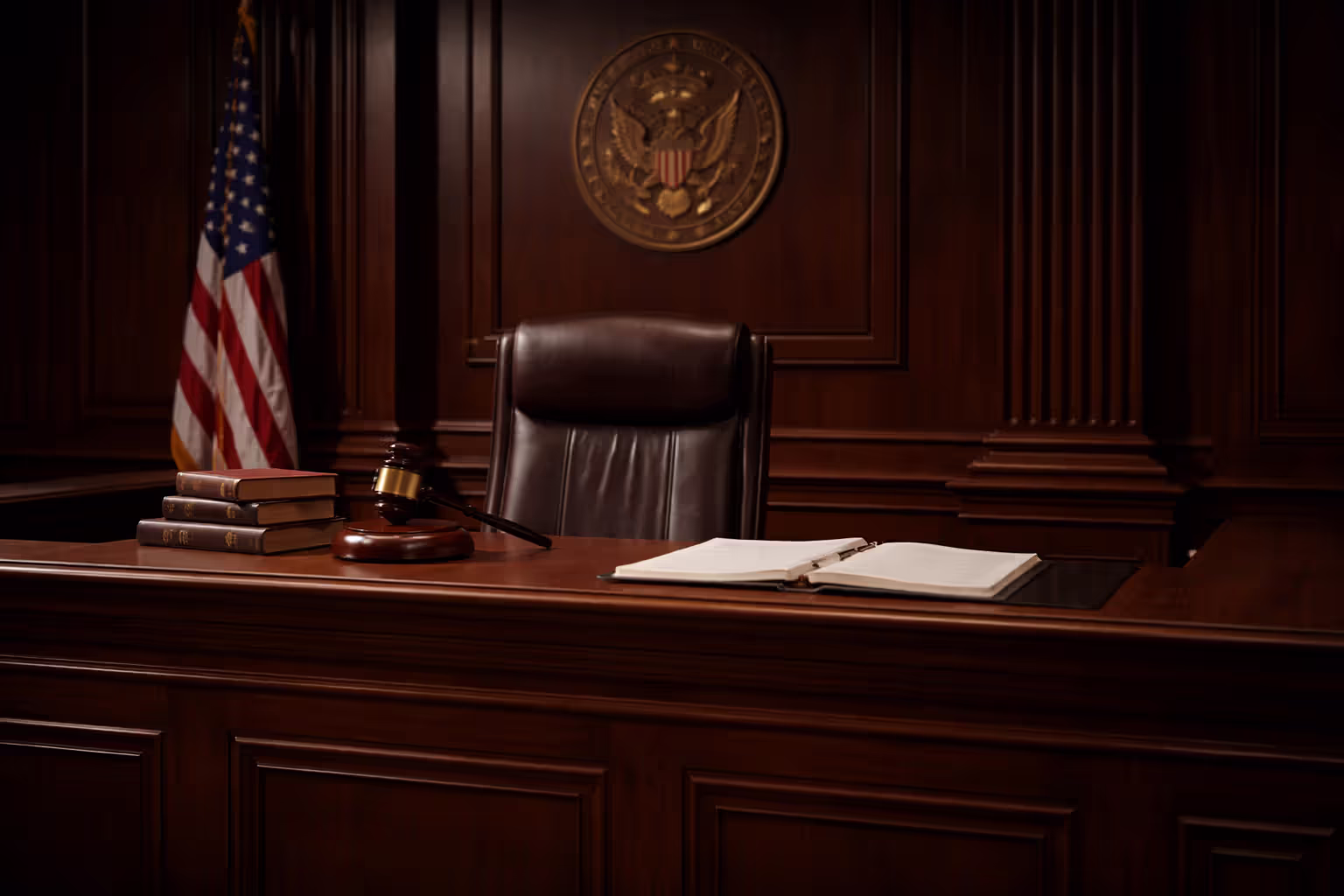 Empty courtroom with judge gavel legal books and American flag