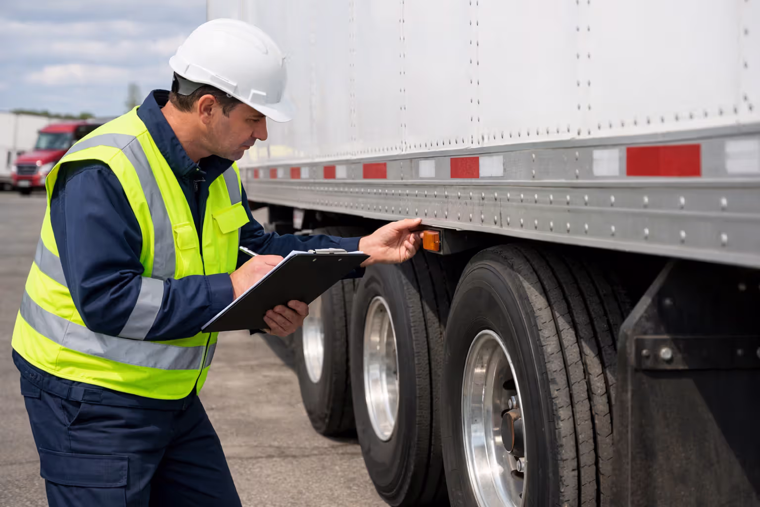 Safety inspector with clipboard examining commercial truck trailer wheels and lights during annual vehicle inspection