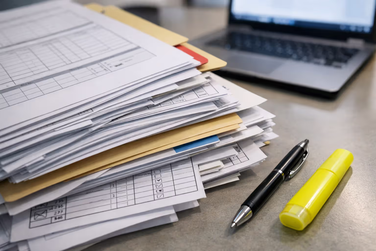 Stack of vehicle inspection documents and maintenance record folders on office desk with pen and highlighter