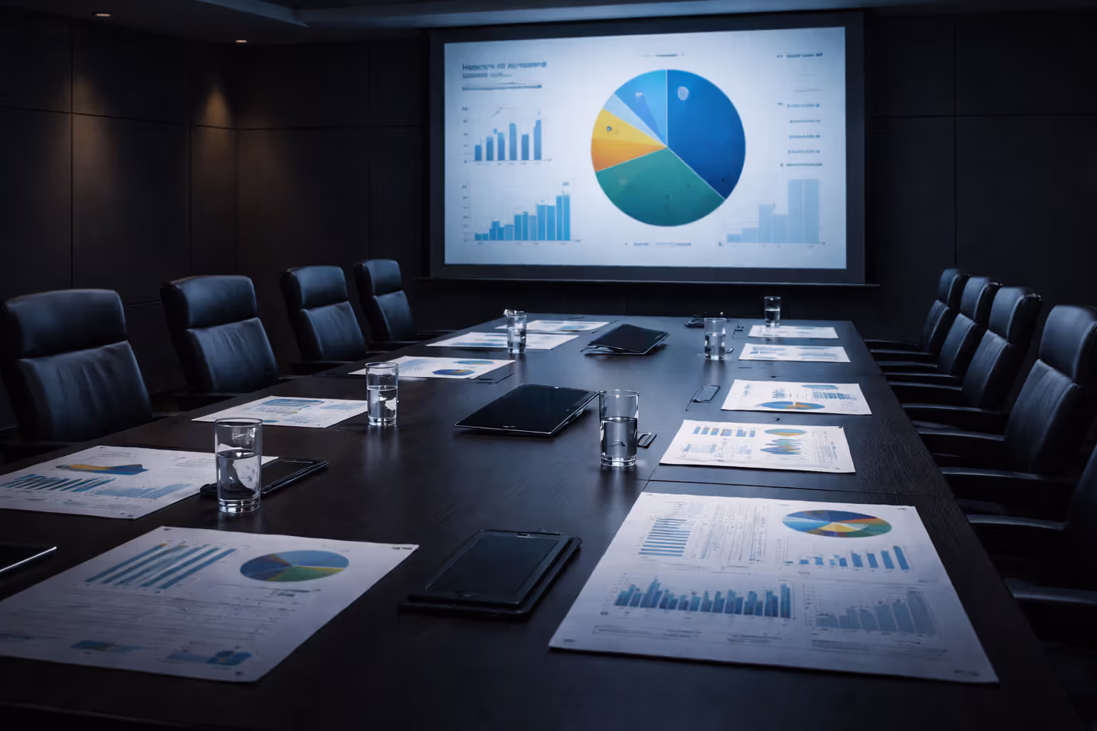 Corporate conference room with financial reports and budget charts spread on table and pie chart on projector screen