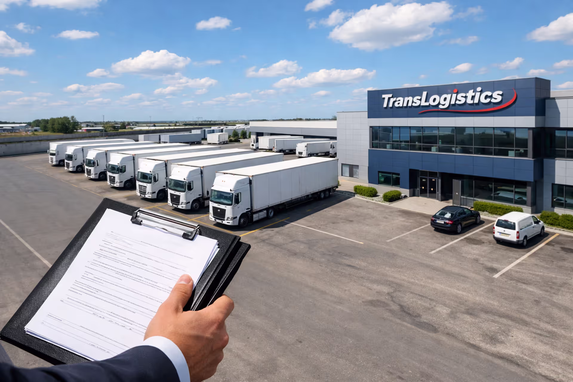 Aerial view of a commercial trucking terminal with semi-trucks parked in a row and a fleet manager holding insurance documents