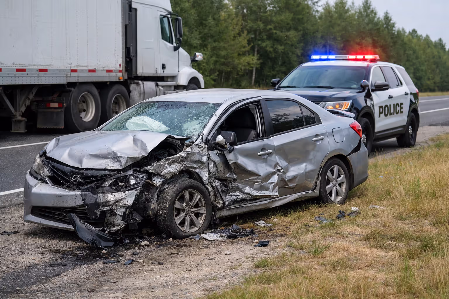 Damaged car on roadside after collision with commercial truck with police vehicle responding