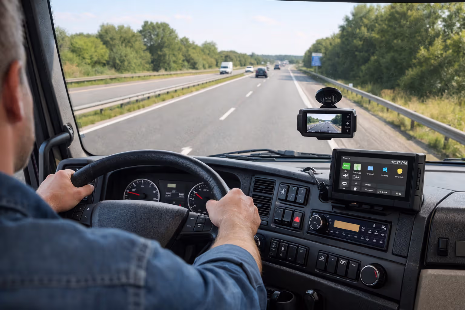 Inside truck cab showing telematics device and dash camera mounted on windshield with driver hands on steering wheel and open road ahead