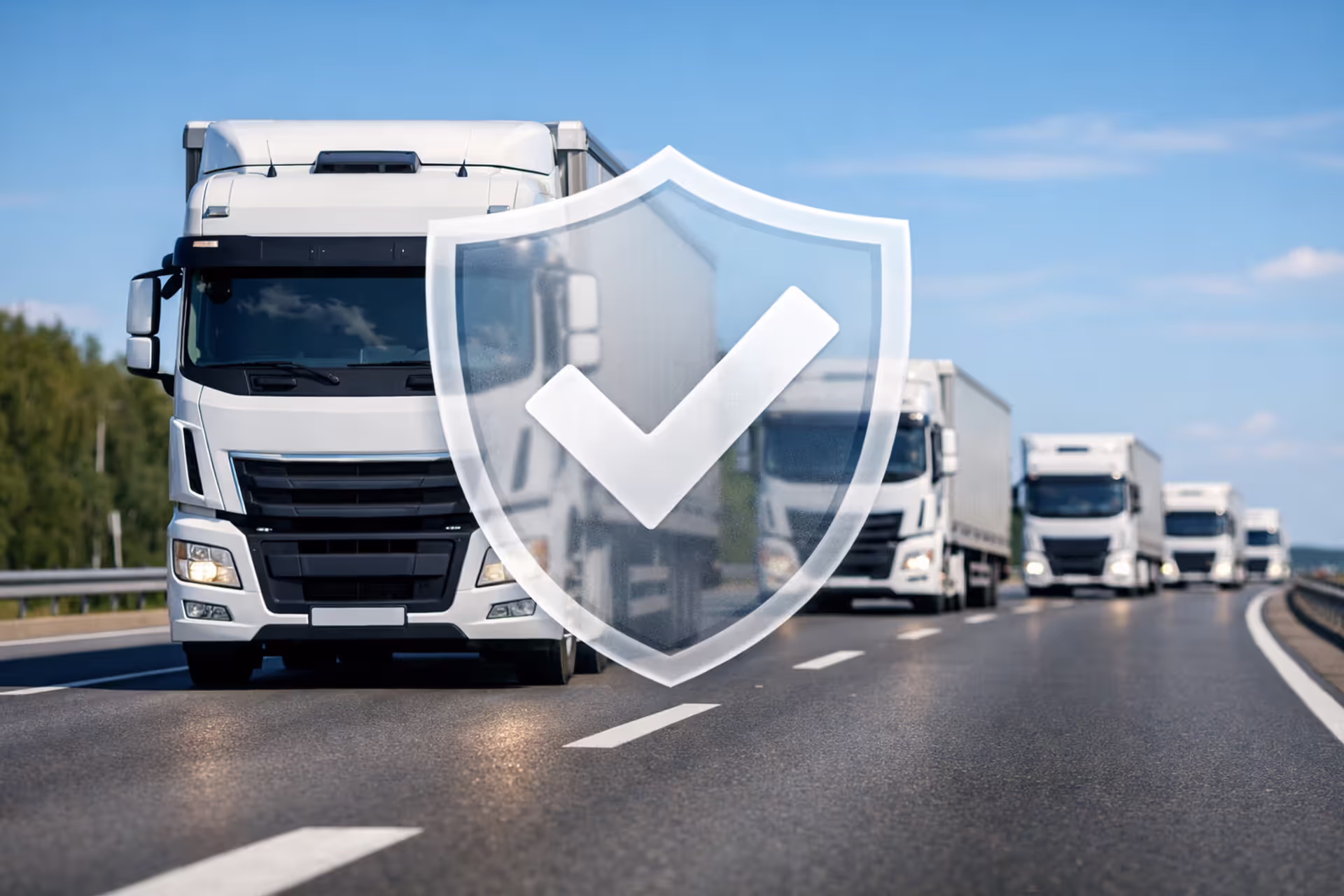Fleet of white semi-trucks driving on highway with insurance shield protection icon overlay