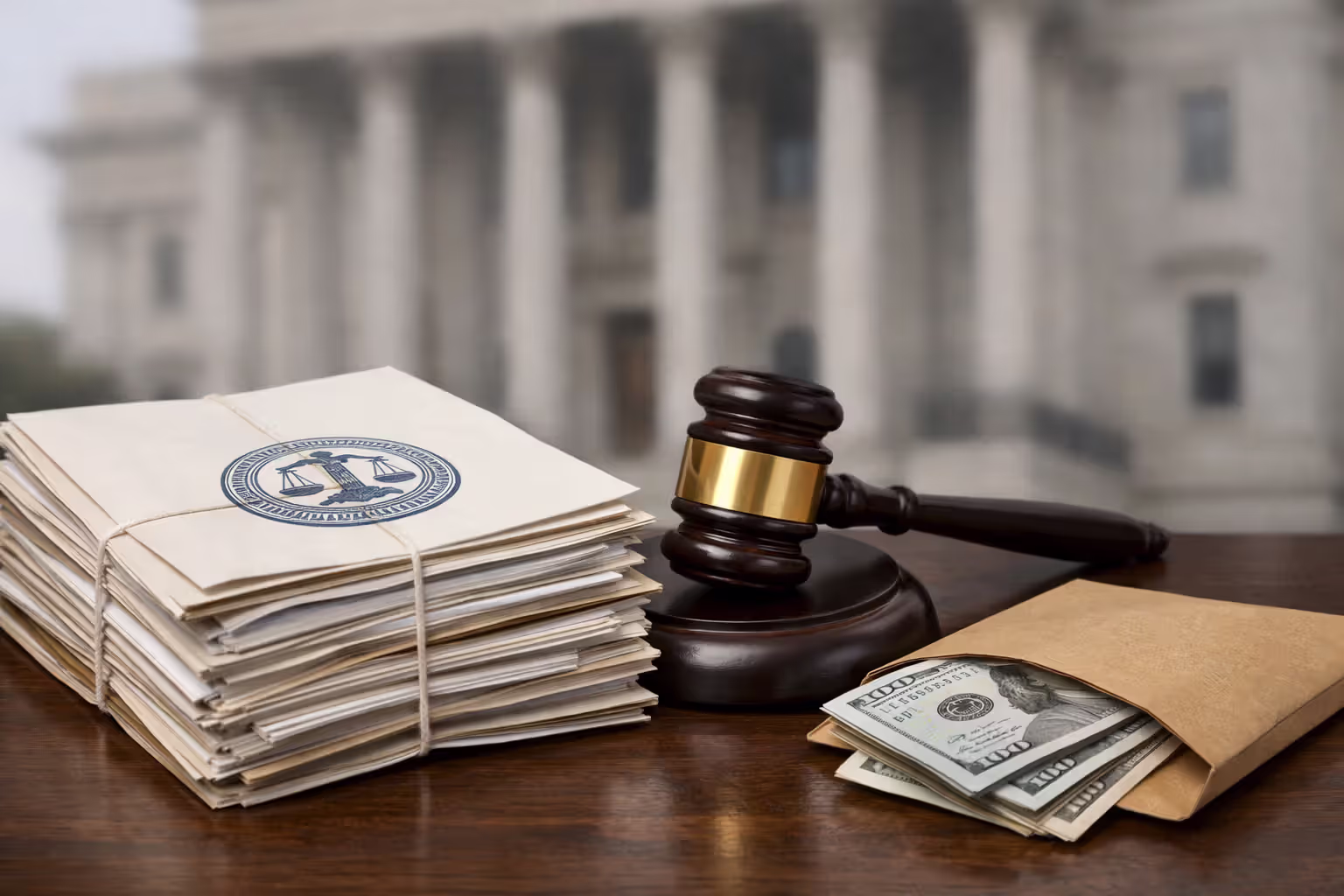 Court judgment documents with a gavel and money envelope representing wage garnishment and debt collection options