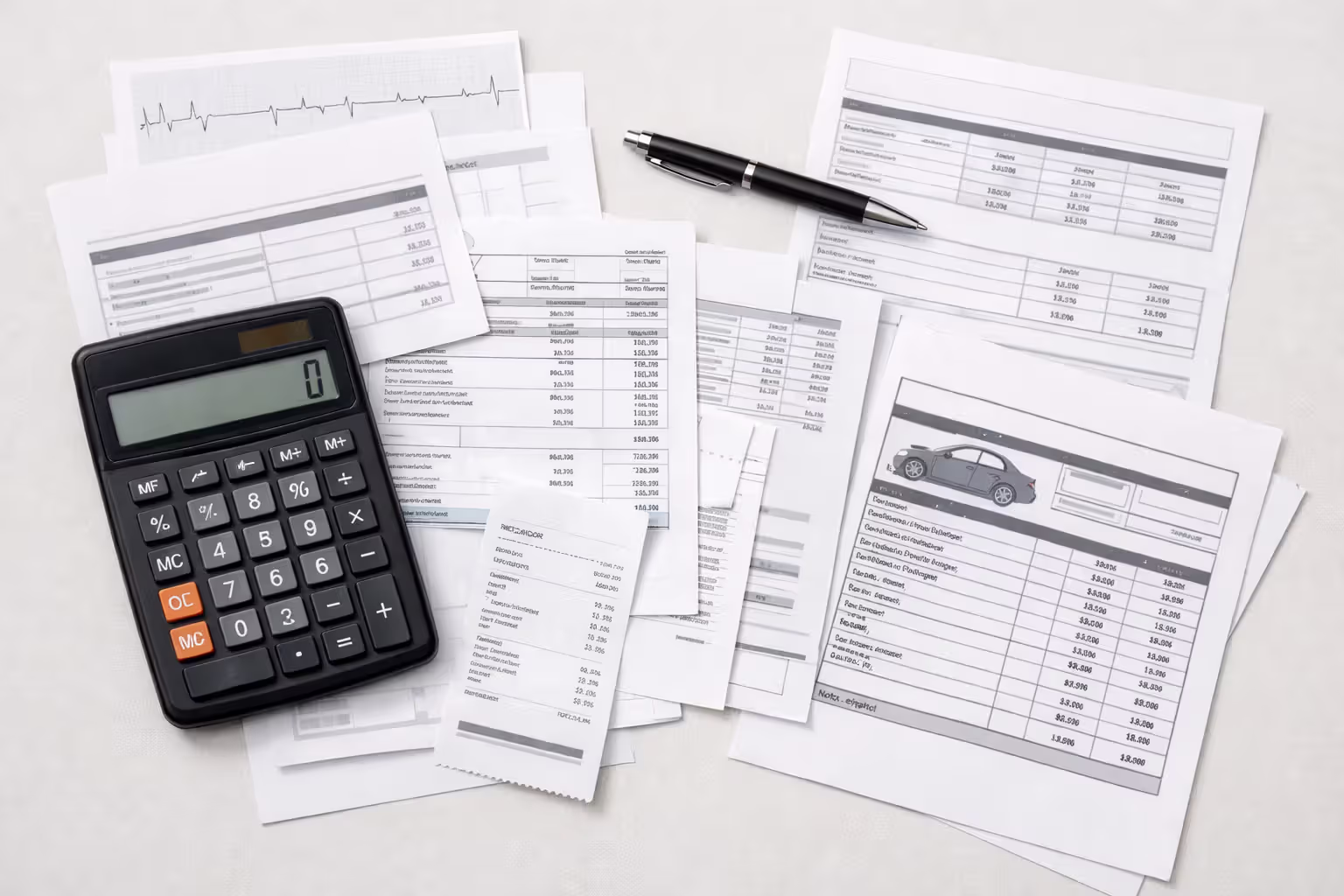 Calculator surrounded by medical bills, pay stubs, and car repair estimates representing uninsured motorist claim damage calculation