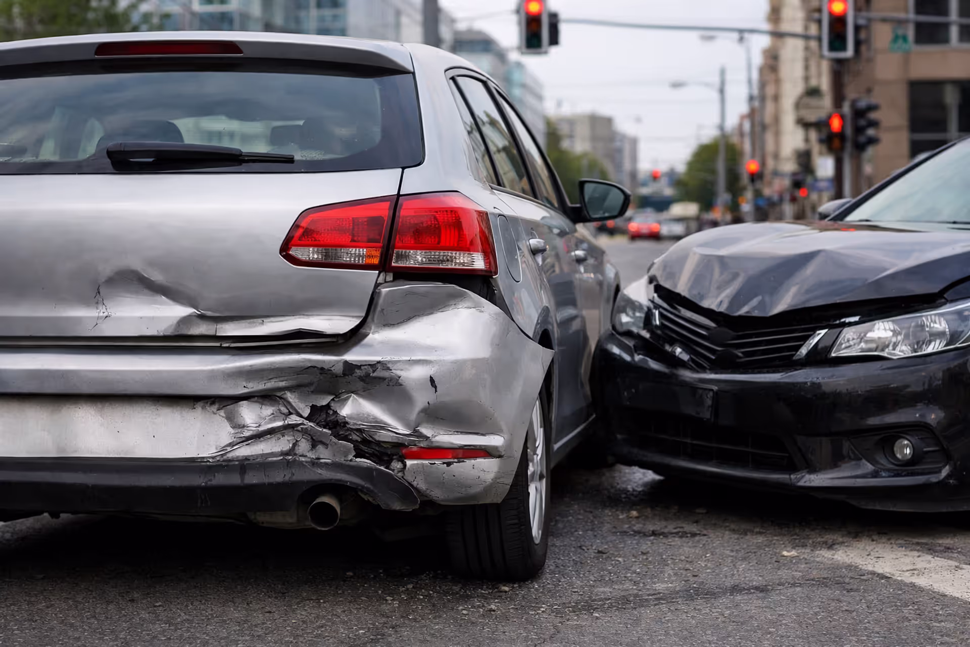 Rear-ended car with damaged bumper at a city intersection after a collision with an uninsured driver