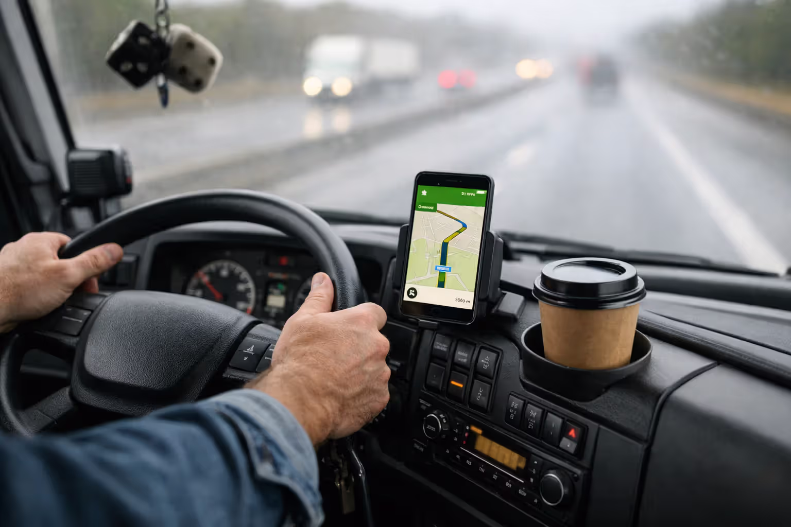 Inside a truck cab showing driver’s hands on steering wheel with a smartphone GPS and coffee cup on the dashboard, highway visible through windshield