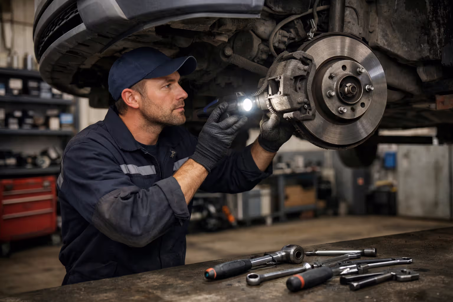 Mechanic in a repair shop inspecting the brake system of a raised commercial truck with a flashlight and tools nearby