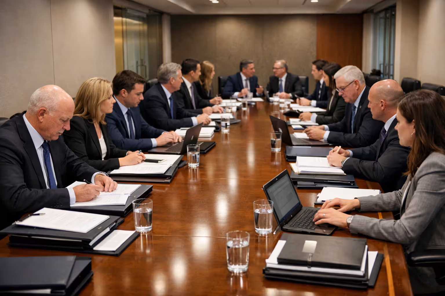 Multiple attorneys and insurance representatives sitting at a conference table during a multi-party truck accident settlement negotiation meeting