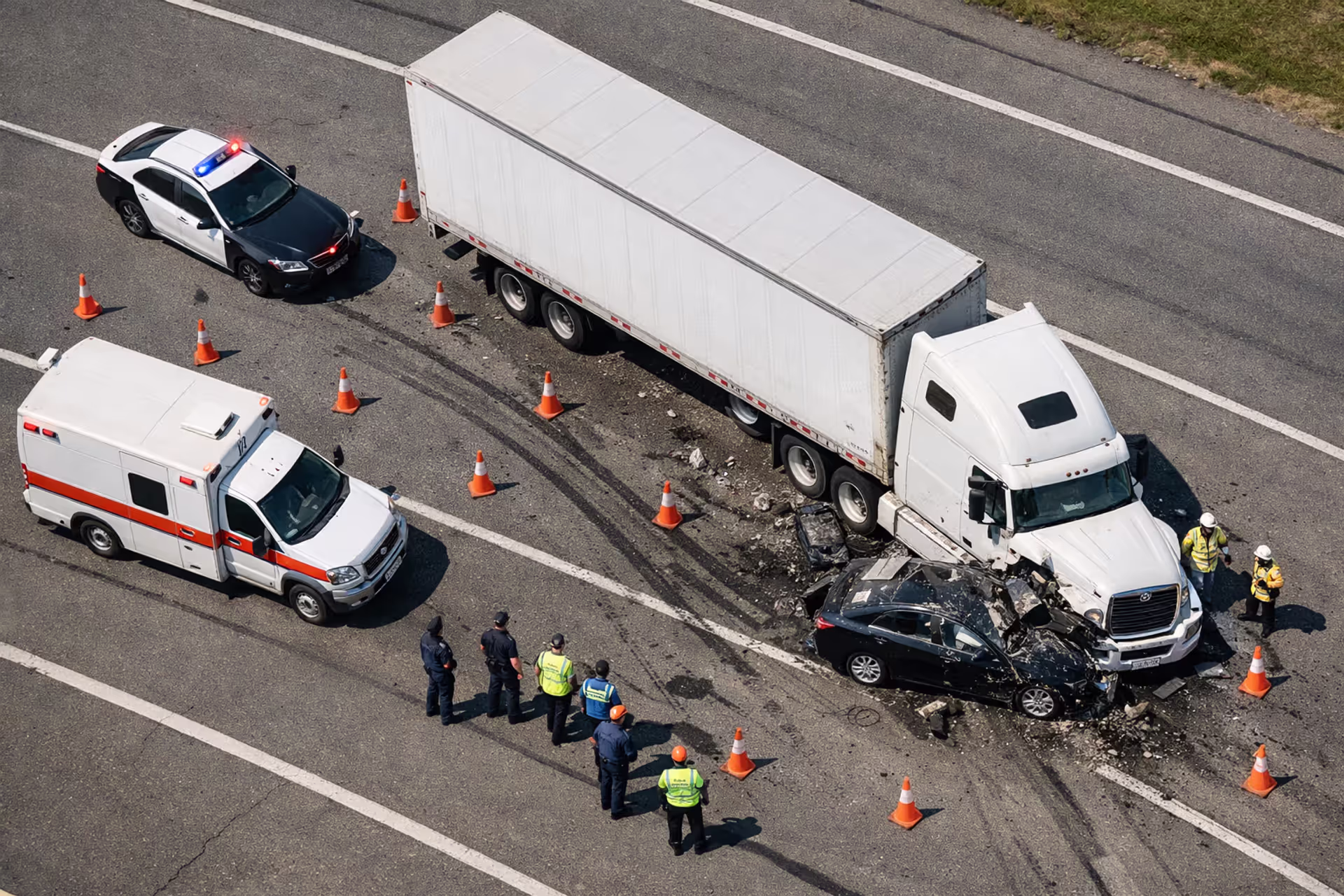 Aerial view of a truck accident scene on a highway with a semi-trailer and a sedan, emergency vehicles and traffic cones on the road
