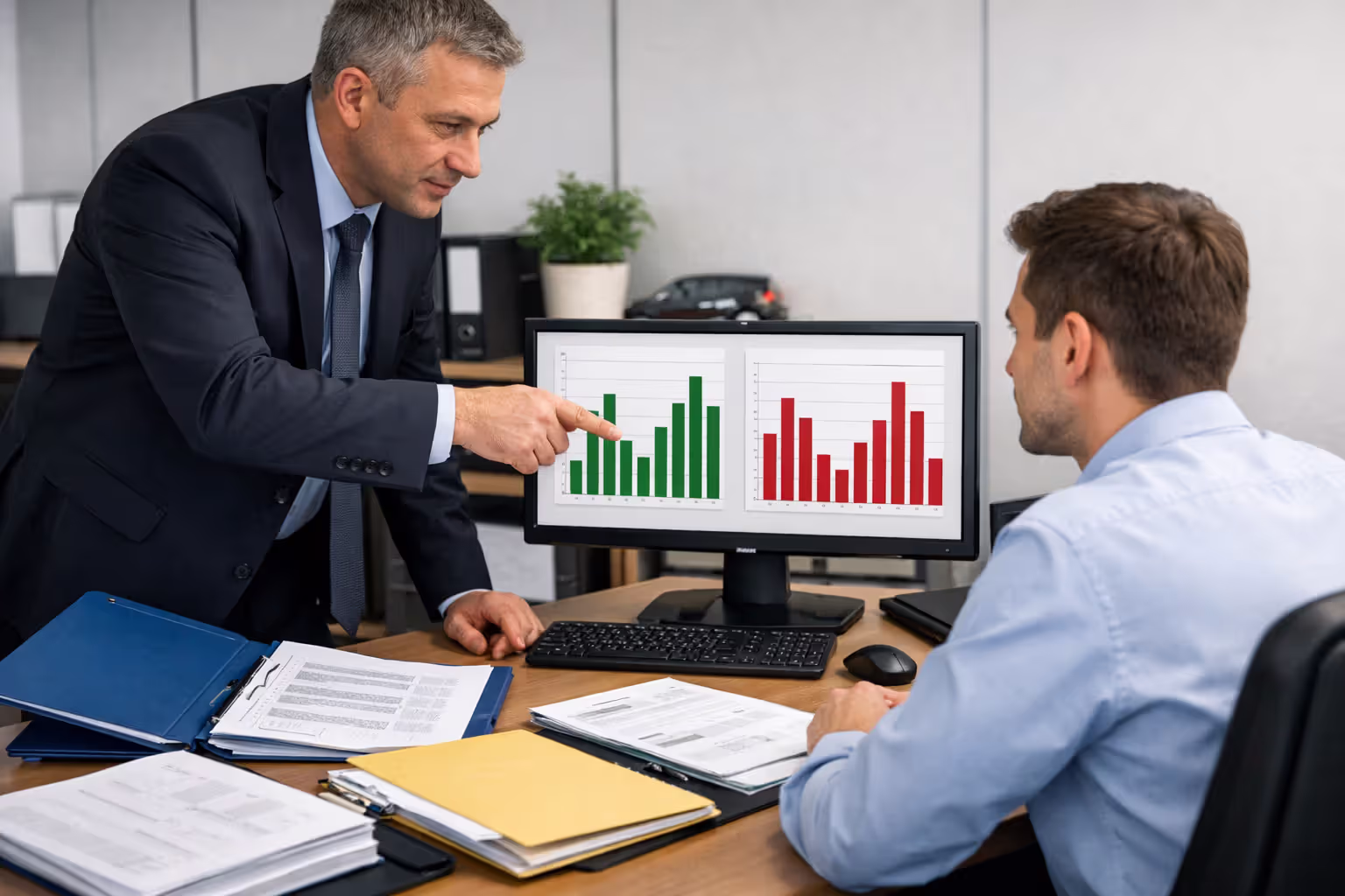 Fleet manager and compliance auditor reviewing safety measurement system scores on computer screen in office