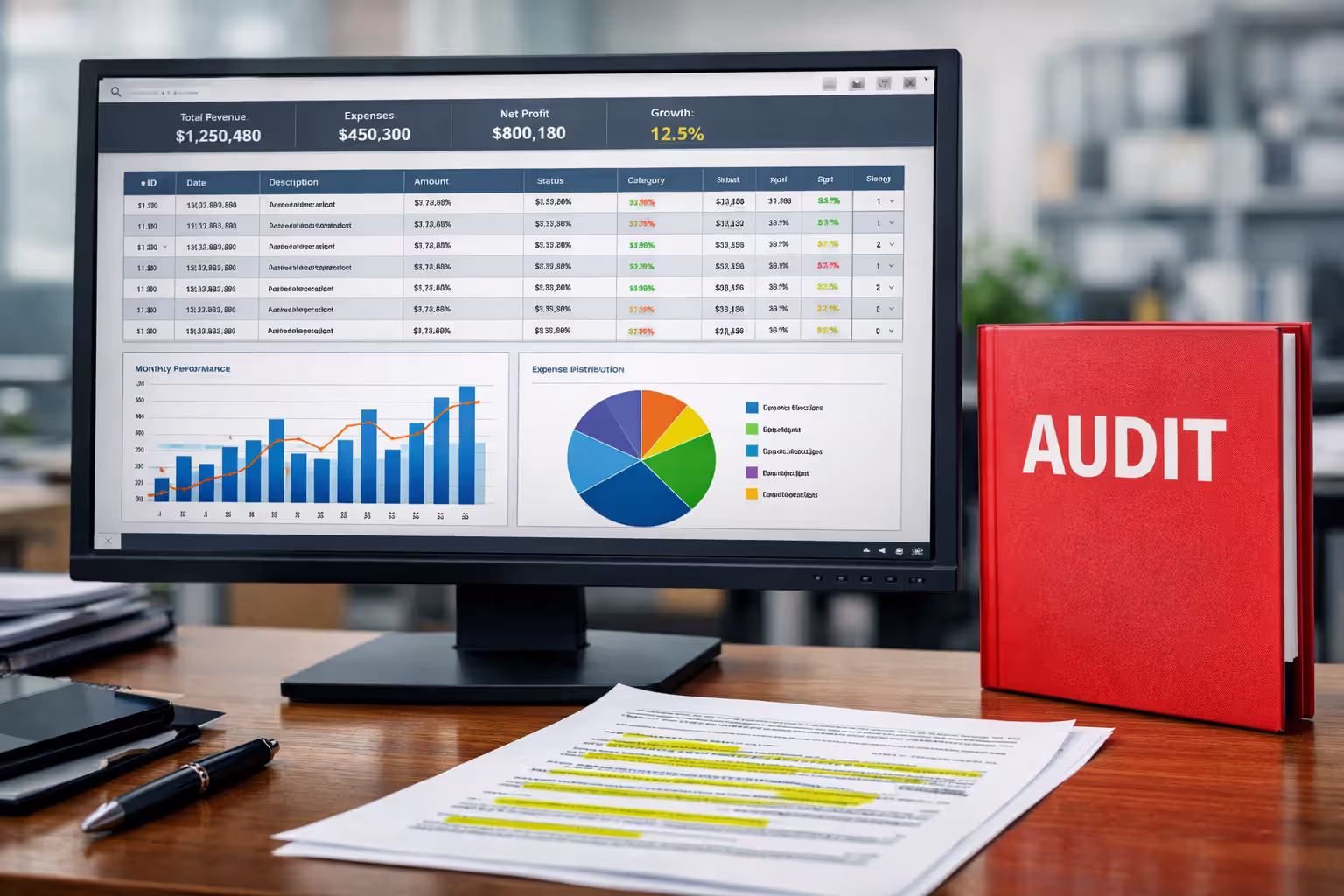Computer monitor displaying a compliance data dashboard with audit folder and highlighted printout on an office desk