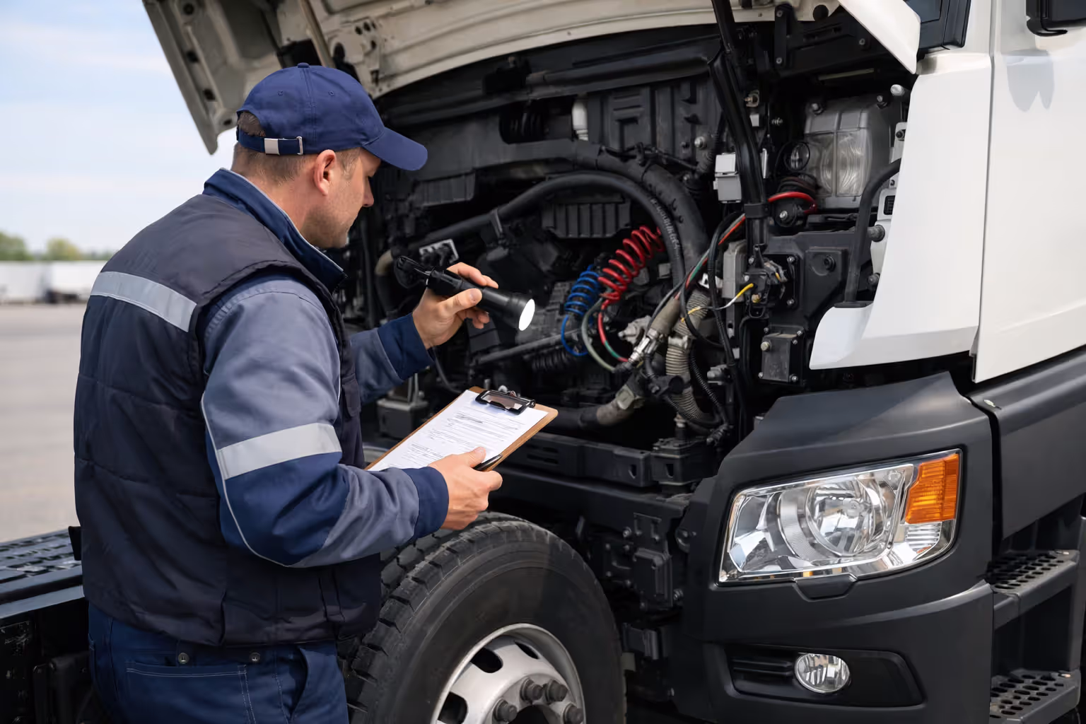Truck driver performing pre-trip vehicle inspection with checklist clipboard near commercial semi-truck