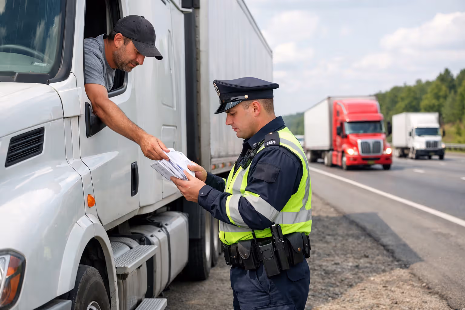 Law enforcement officer conducting roadside inspection checking truck driver documents on highway