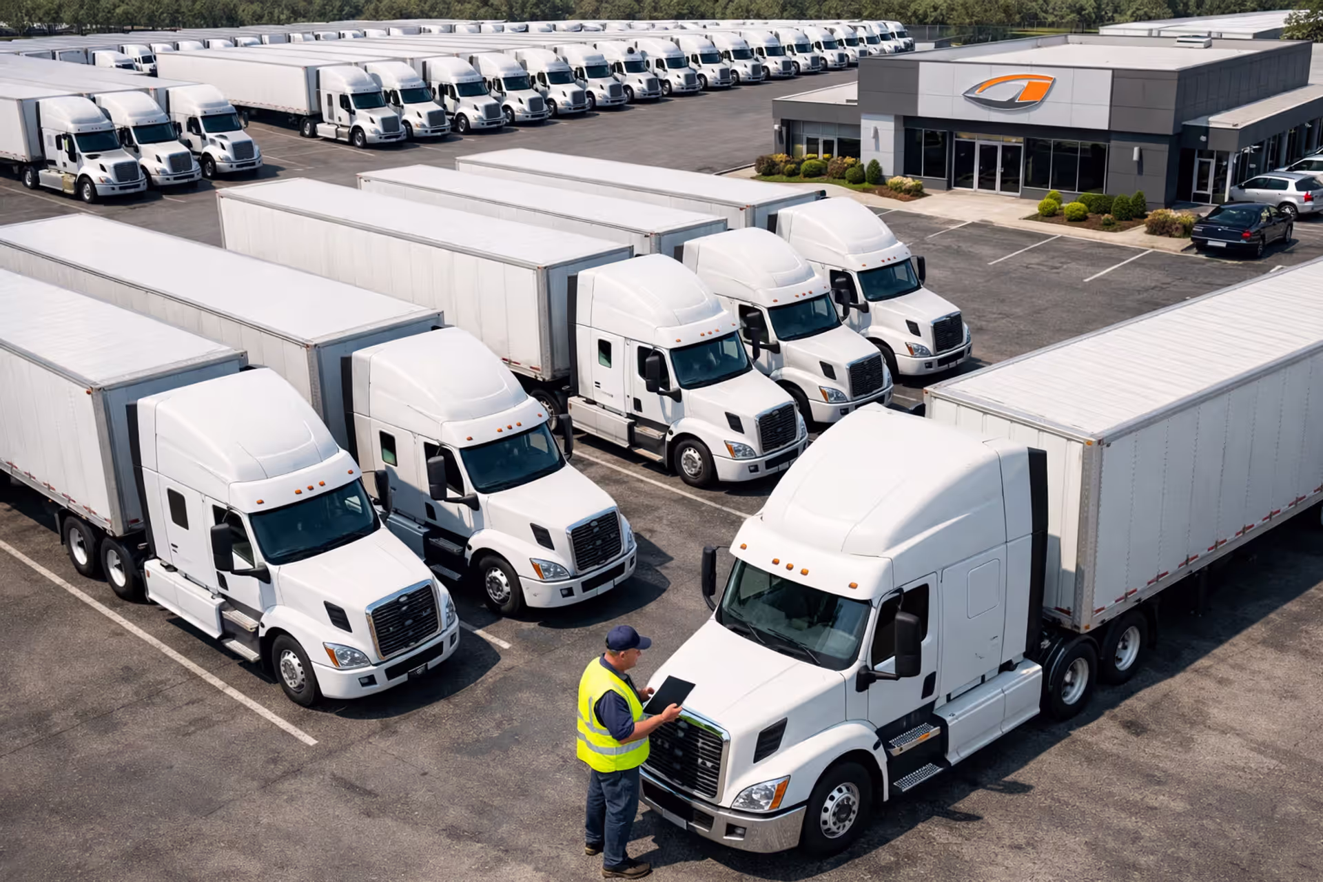 Fleet manager in safety vest inspecting commercial trucks at a trucking company parking lot