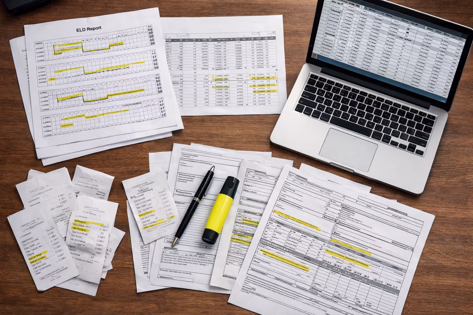 Top-down view of a desk with printed ELD reports fuel receipts bills of lading and a laptop showing data spreadsheet used for hours of service compliance investigation