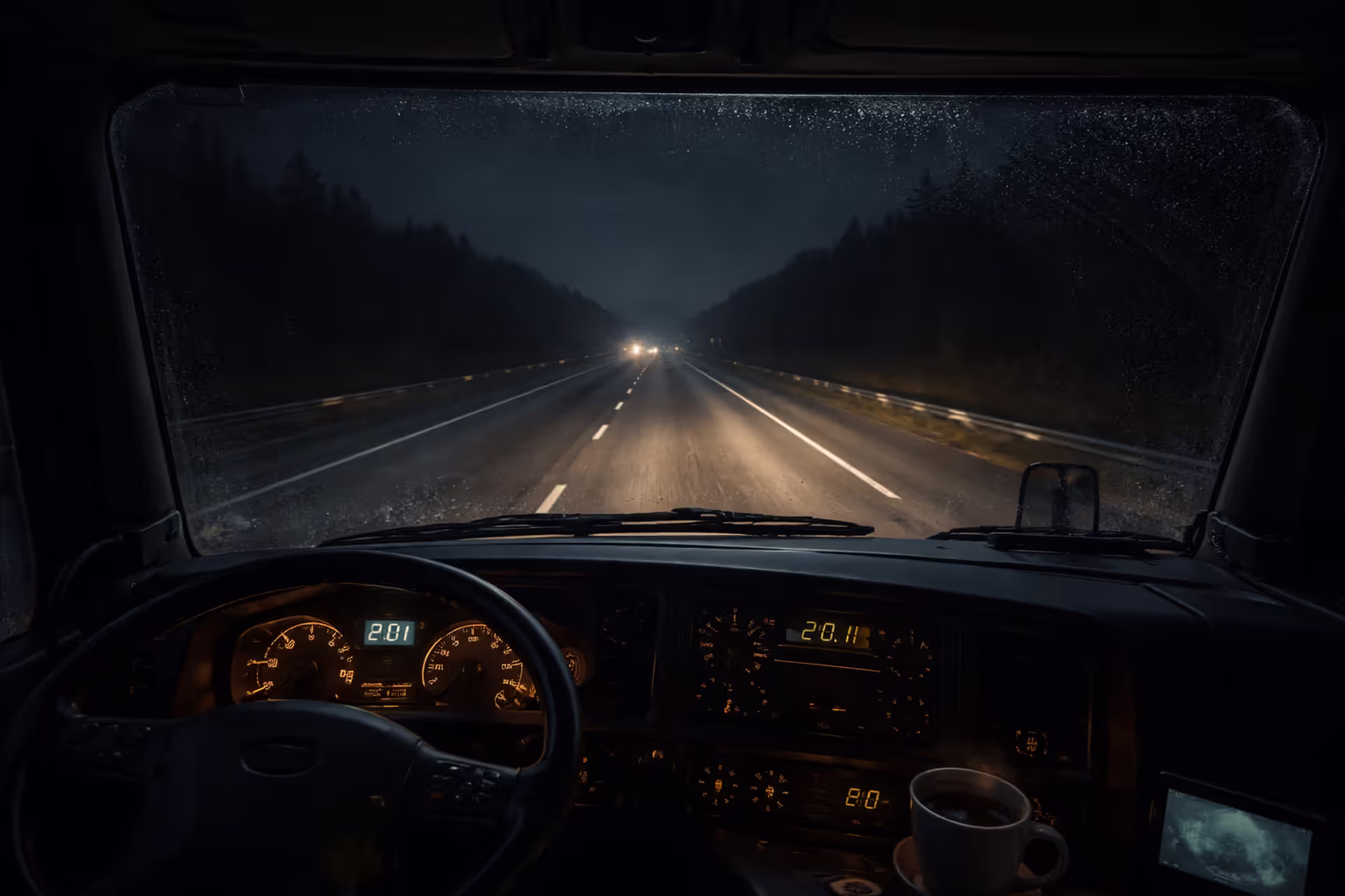 Night view from inside a truck cabin showing a dark empty highway illuminated by headlights with a dashboard clock displaying late night hours