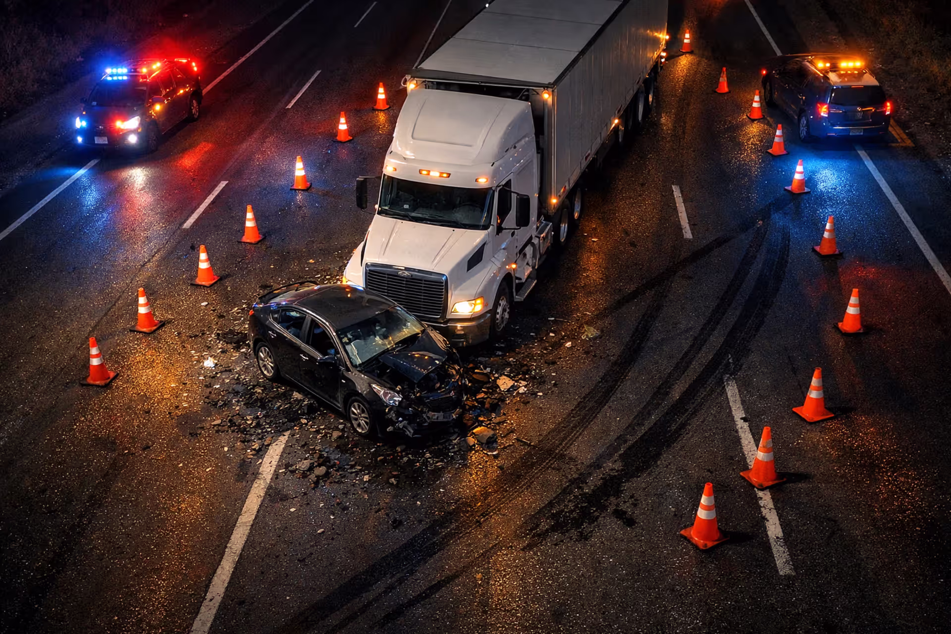 Aerial night view of a highway crash scene with a damaged passenger car in front of a large white semi-truck surrounded by emergency lights and traffic cones
