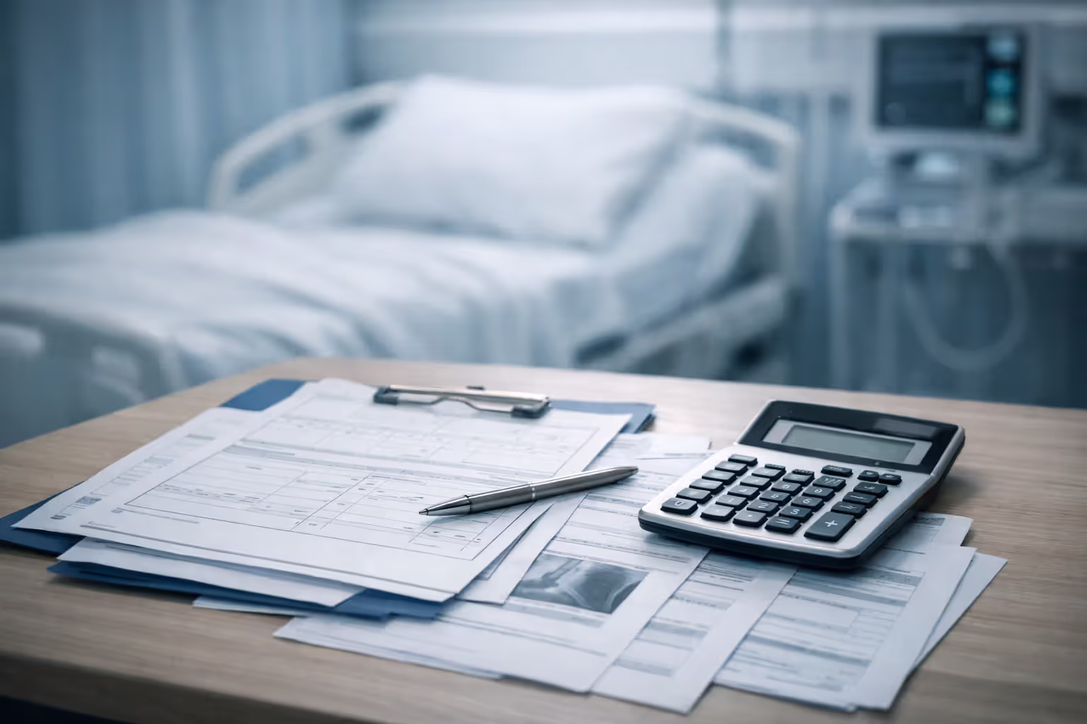 Hospital bedside table with medical bills, insurance paperwork, and a calculator next to a blurred empty hospital bed with monitors