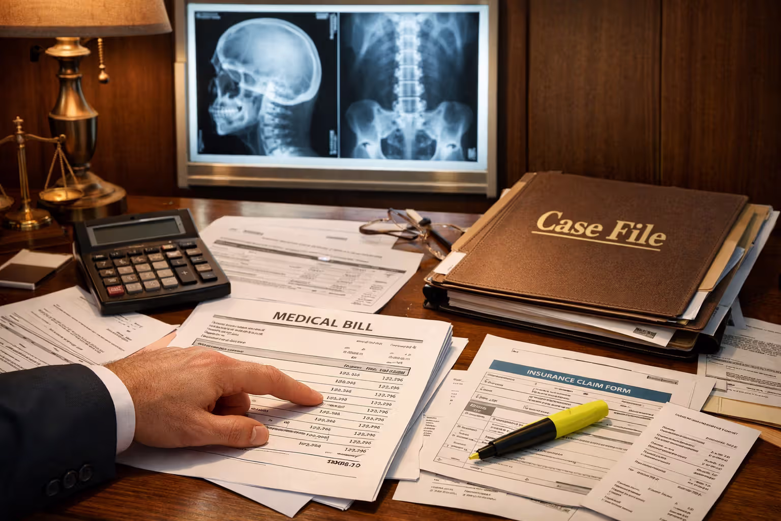 Attorney desk with medical bills, X-ray images on light board, case file and calculator representing truck accident compensation claim