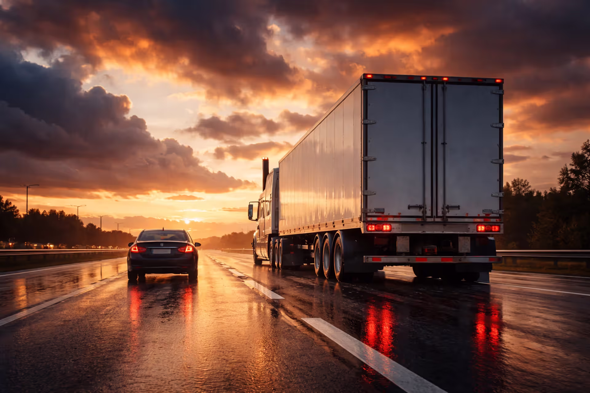 Large semi truck driving next to a small passenger car on a wet highway at sunset showing massive size difference between vehicles