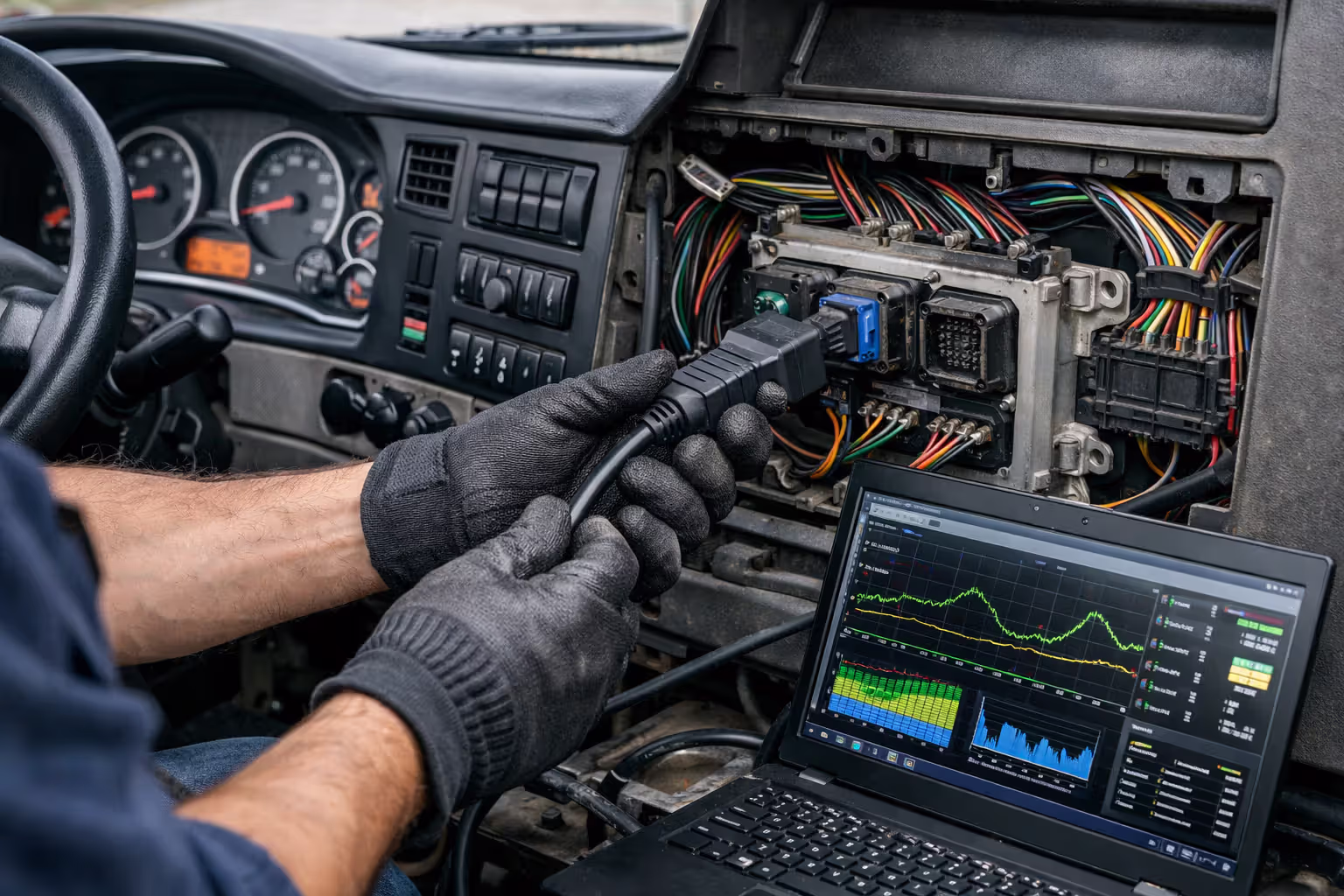 Technician connecting diagnostic laptop to a truck engine control module for black box data extraction
