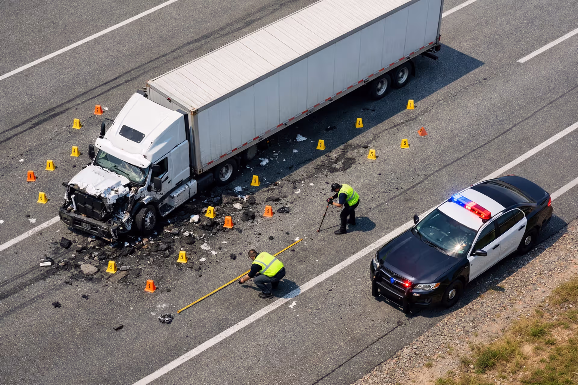 Aerial drone view of investigators examining a damaged semi-truck on a highway with evidence markers and skid marks on the pavement